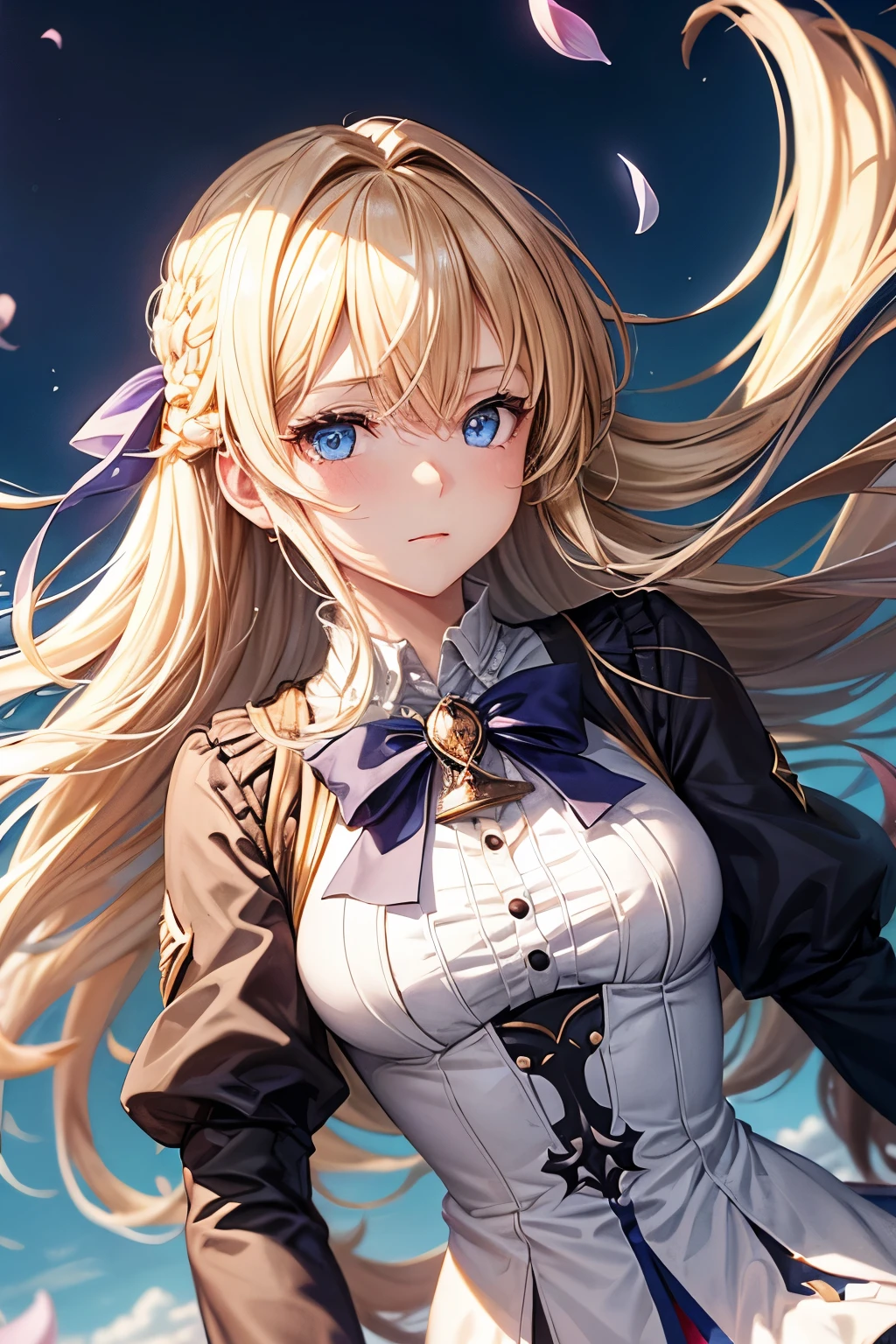 (dynamic angle:1.3),extreme closeup,windy,cinematic highlight,1girl,upper body,dacing,looking at viewer, violet_evergarden, solo, jewelry, blank eyes,brooch, blonde_hair,( vevry long hair:1.2),floating hairlong_sleeves, ribbon, blue_eyes, jacket, dress, gem, hair_ribbon,sky, depth_of_field, a close view of flying petal,