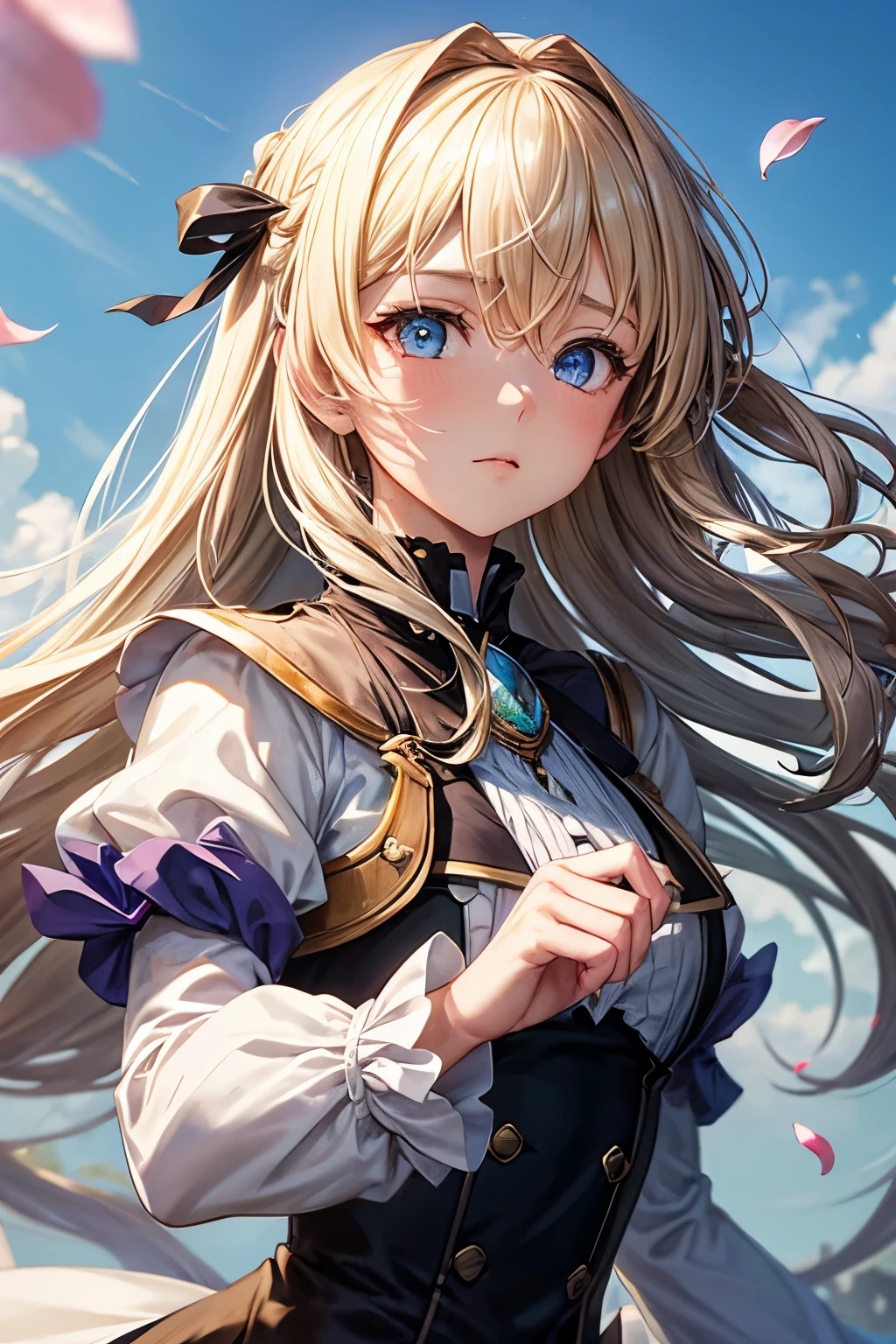 (dynamic angle:1.3),extreme closeup,windy,cinematic highlight,1girl,upper body,dacing,looking at viewer, violet_evergarden, solo, jewelry, blank eyes,brooch, blonde_hair,( vevry long hair:1.2),floating hairlong_sleeves, ribbon, blue_eyes, jacket, dress, gem, hair_ribbon,sky, depth_of_field, a close view of flying petal,