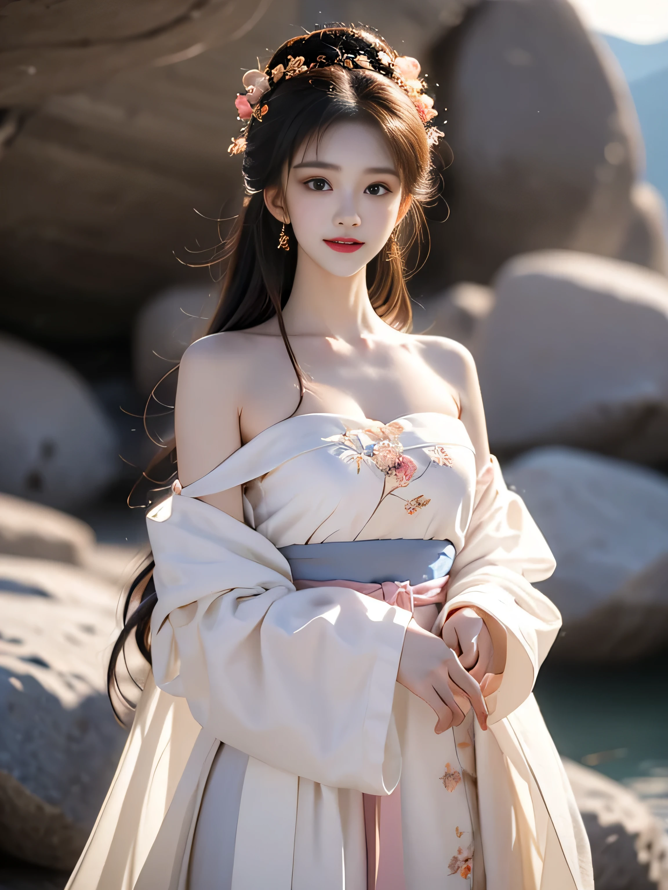 hanfu-song, Hanfu, song theme, try, Pipe top, ((bare shoulders)), ((whole body)), actual, Fashion girl, red lips, aldult, cosmetic, big eyes, beautiful eyes, ((whole body)), ((from below)), (best quality, masterpiece:1.2), super detailed, (actual:1.37), ((Sexy long legs)), beautiful, young and energetic, Charming model with (exquisite eyes, Detailed lips, extremely exquisite eyes), Show a bright smile, Create stunning girl images, warm color, Extremely high color saturation, official art, Extremely detailed CG unified 8k wallpaper,(high dynamic range :1.4), (Work),(pastel colors, The color is dull, soothing tone :1.3), (natural skin texture, ultra-actual, soft light, sharp),(Very detailed), night, moonlight, ((in the mountains, plant, Leaning against the rocks))