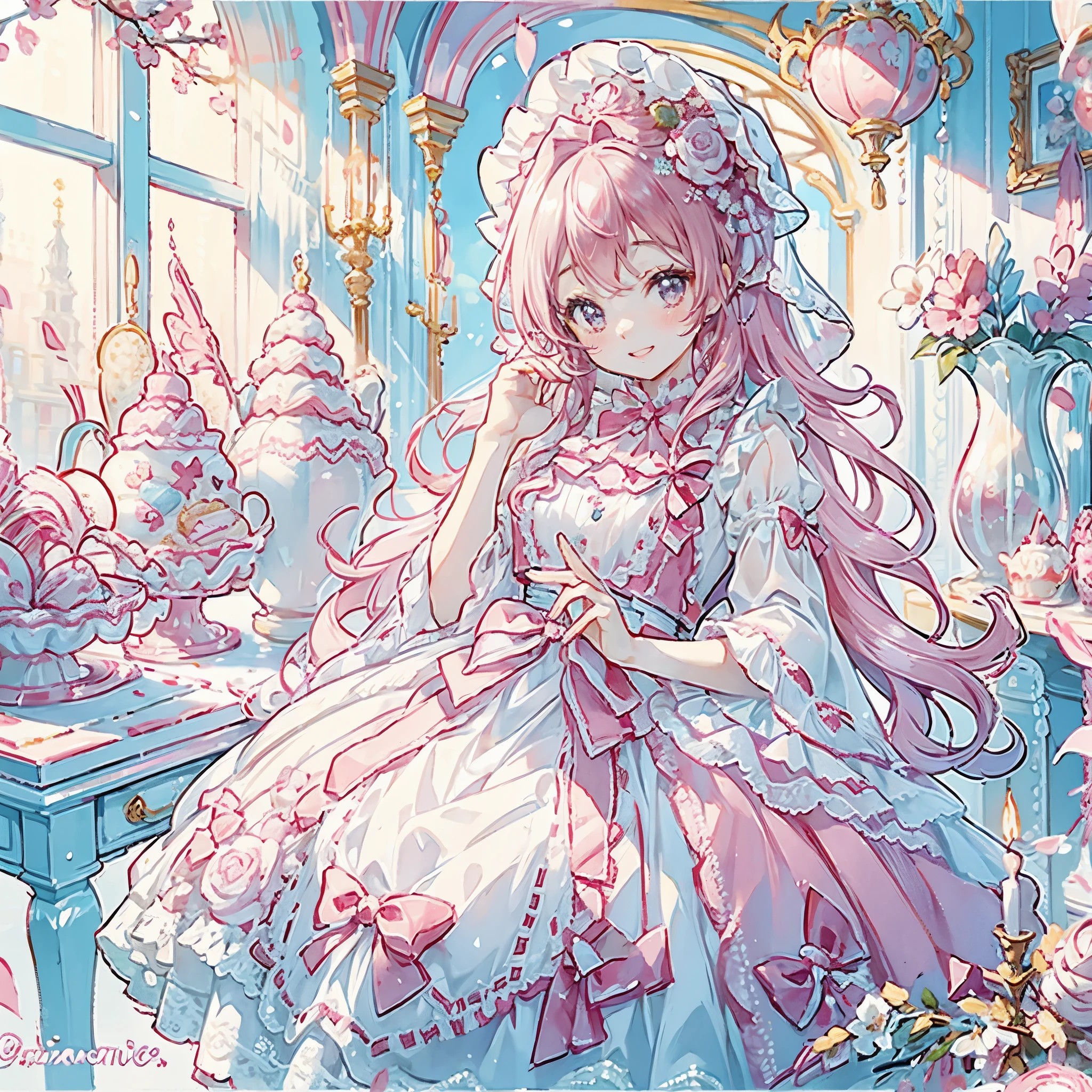 ((exquisite, beautiful, very detailed, masterpiece, high quality, confused, High resolution, Full HD, 16k)),((巨大なpastel colourのマカロン))),(lots of macarons),(floating in the air),fairy princess,(Happy), fun, (smile, laughter), (pink ball gown dress:1.5,macaron motif dress:1.5,Decorated with lace, frills and jewels:1.1,),(bob, wavy hair, pink hair),(purple eyes, Big eyes, Fair skin), slim, soft edge, soft lines, highly saturated colors, bright colors, pastel colour, lit, warm lit, soft lit, fantasy, romantic atmosphere, dreamy atmosphere, floating