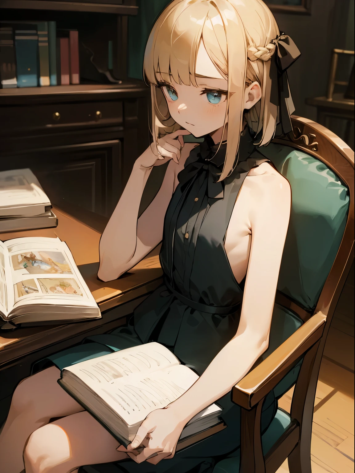 Reines, 1girl, high quality, best quality, illustration, masterpiece, (highly detailed:1.2), (extremely detailed:1.3), pajamas, sleeveless, backless, young girl, string ribbon, braid, , , arm on desk, sitting on chair, in a house, flat chest, (children:1.2), children reading a book, short hair, bob hairstyle