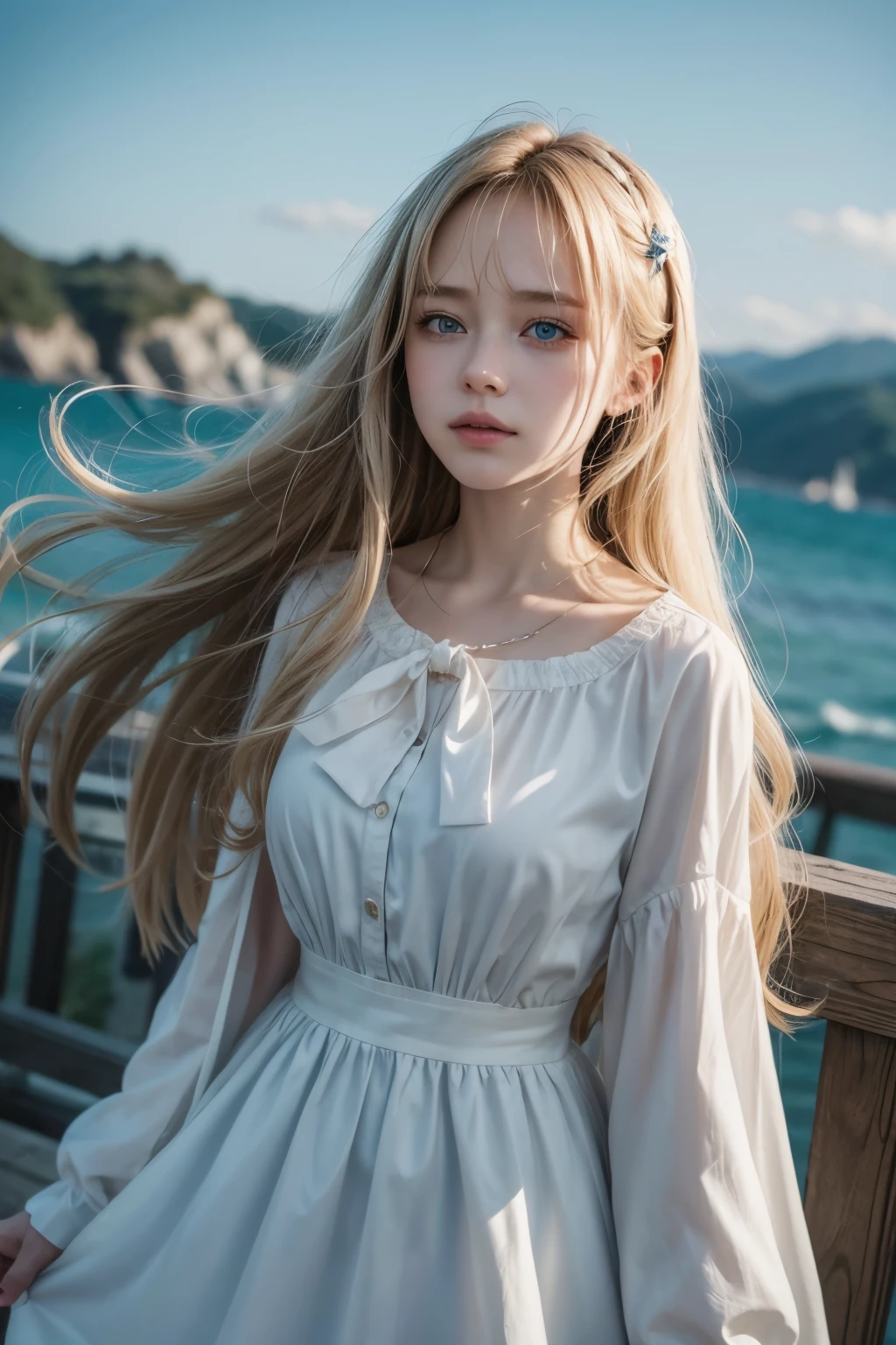 (dynamic angle:1.3),extreme closeup,windy,cinematic highlight,1girl,upper body,dacing,looking at viewer, violet_evergarden, solo, jewelry, blank eyes,brooch, blonde_hair,( vevry long hair:1.2),floating hairlong_sleeves, ribbon, blue_eyes, jacket, dress, gem, hair_ribbon,sky, depth_of_field, a close view of flying petal,