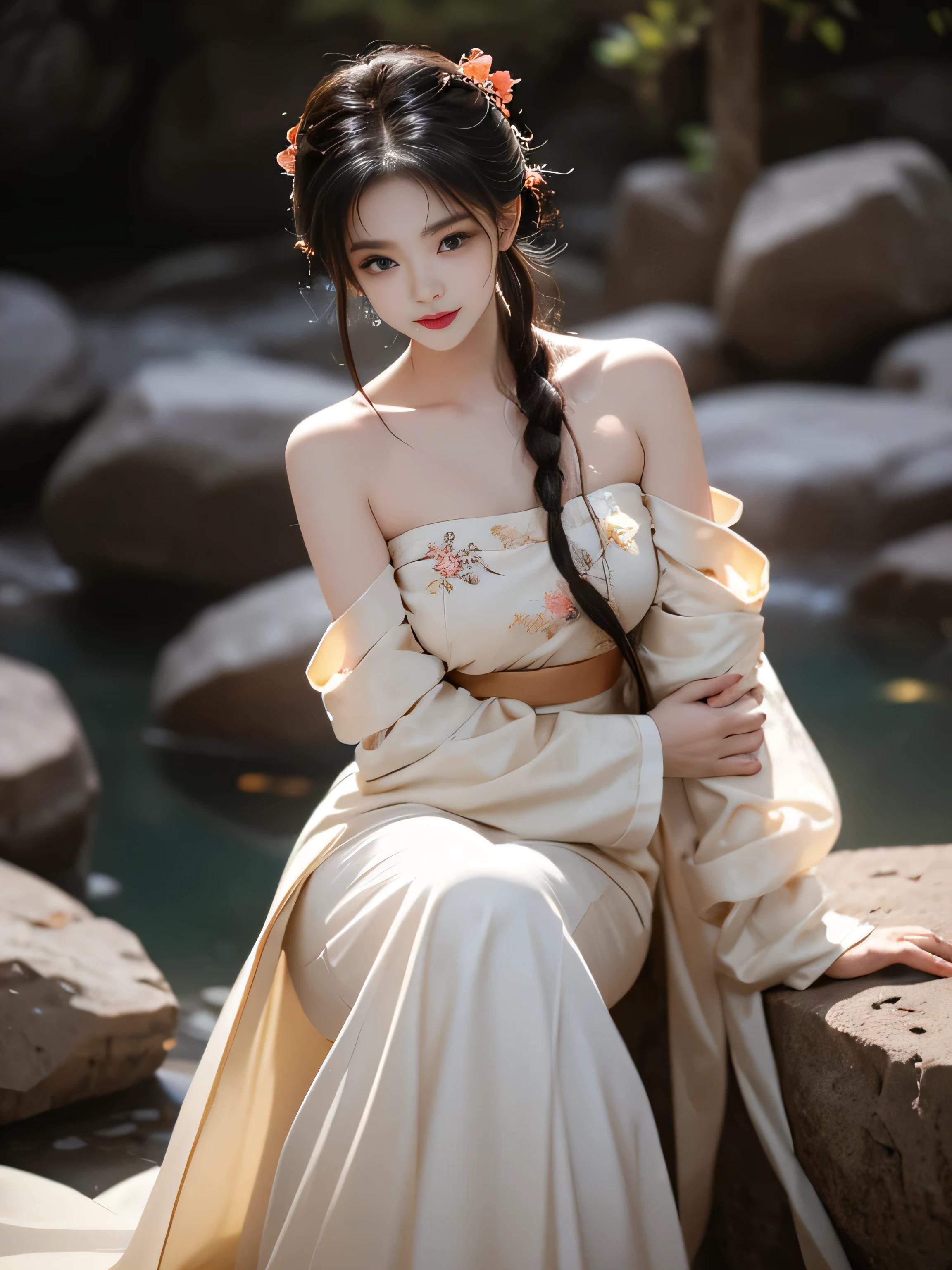 hanfu-song, Hanfu, song theme, try, Pipe top, ((bare shoulders)), ((whole body)), actual, Fashion girl, red lips, aldult, cosmetic, big eyes, beautiful eyes, ((whole body)), ((from below)), (best quality, masterpiece:1.2), super detailed, (actual:1.37), ((Sexy long legs)), beautiful, young and energetic, Charming model with (exquisite eyes, Detailed lips, extremely exquisite eyes), Show a bright smile, Create stunning girl images, warm color, Extremely high color saturation, official art, Extremely detailed CG unified 8k wallpaper,(high dynamic range :1.4), (Work),(pastel colors, The color is dull, soothing tone :1.3), (natural skin texture, ultra-actual, soft light, sharp),(Very detailed), night, moonlight, ((in the mountains, plant, Leaning against the rocks))