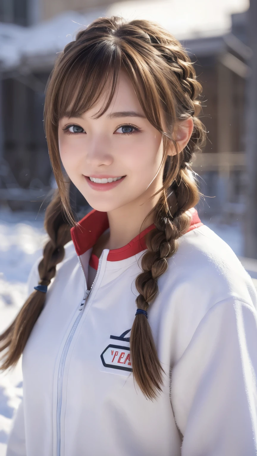 “(best quality,4k,8k,highres,masterpiece:1.2),ultra-detailed,(realistic,photorealistic,photo-realistic:1.37),portrait,light,blush:1.1,blonde hair,brown hair,winter clothes,girl,smiling,looking at the viewer,warm smile,red cheeks,braided hair,simple background, track uniform,open mouth,fringe,swept fringe,fur,