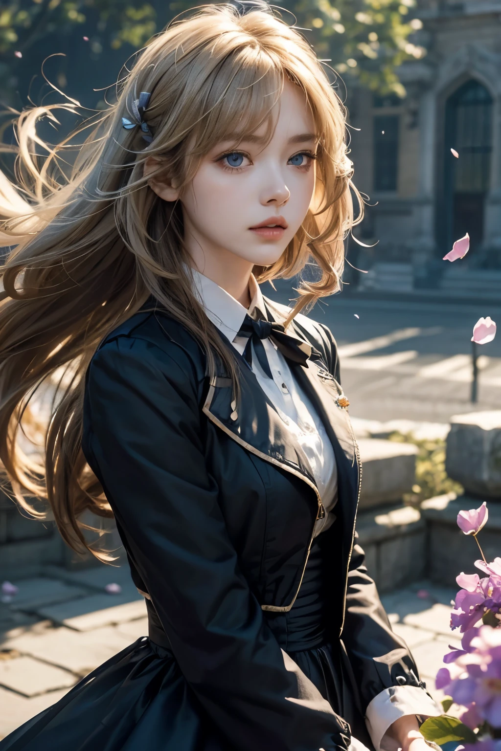 (dynamic angle:1.3),extreme closeup,windy,cinematic highlight,1girl,upper body,dacing,looking at viewer, violet_evergarden, solo, jewelry, blank eyes,brooch, blonde_hair,( vevry long hair:1.2),floating hairlong_sleeves, ribbon, blue_eyes, jacket, dress, gem, hair_ribbon,sky, depth_of_field, a close view of flying petal,