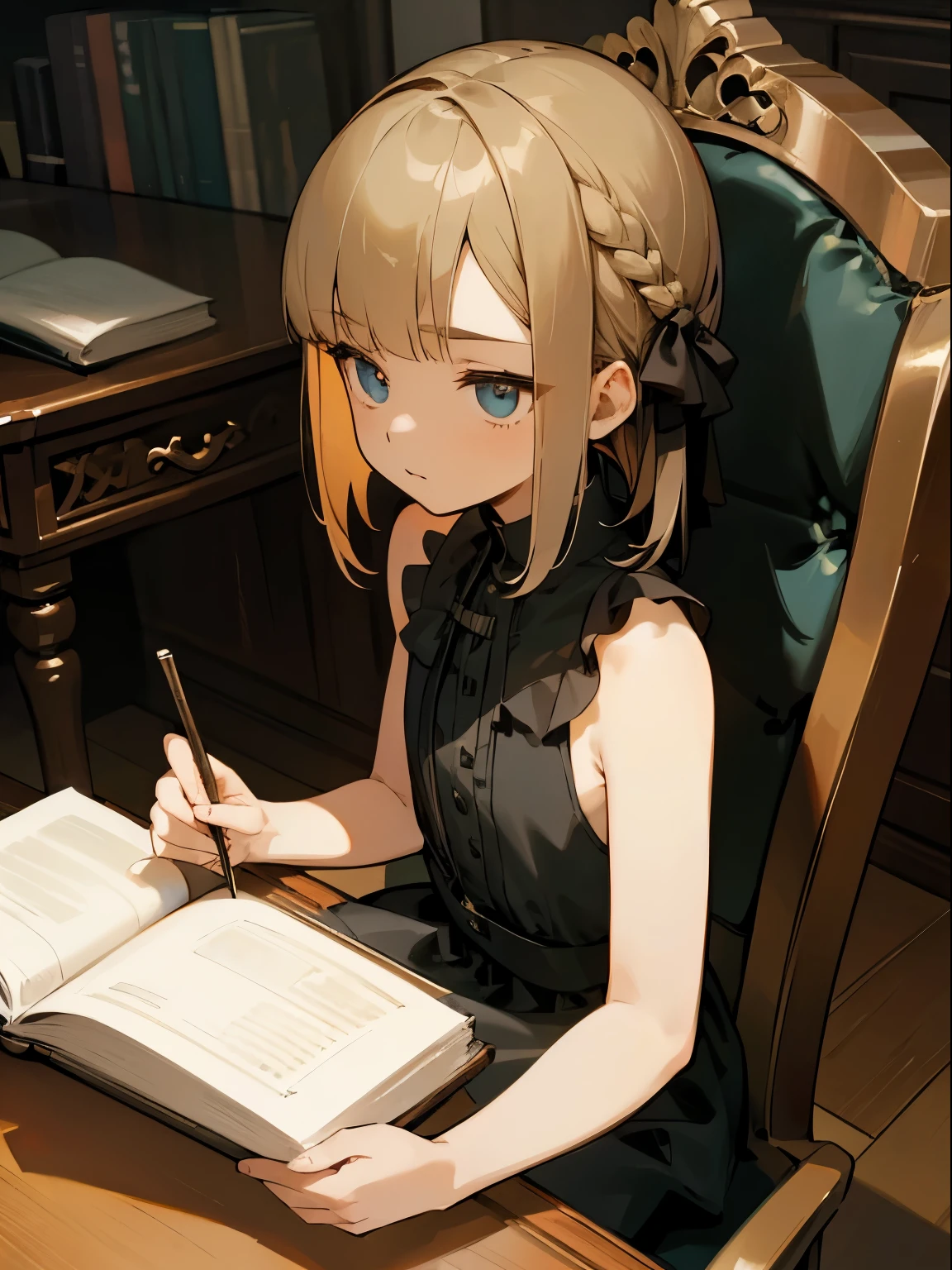 Reines, 1girl, high quality, best quality, illustration, masterpiece, (highly detailed:1.2), (extremely detailed:1.3), pajamas, sleeveless, backless, young girl, string ribbon, braid, , , arm on desk, sitting on chair, in a house, flat chest, (children:1.2), children reading a book, short hair