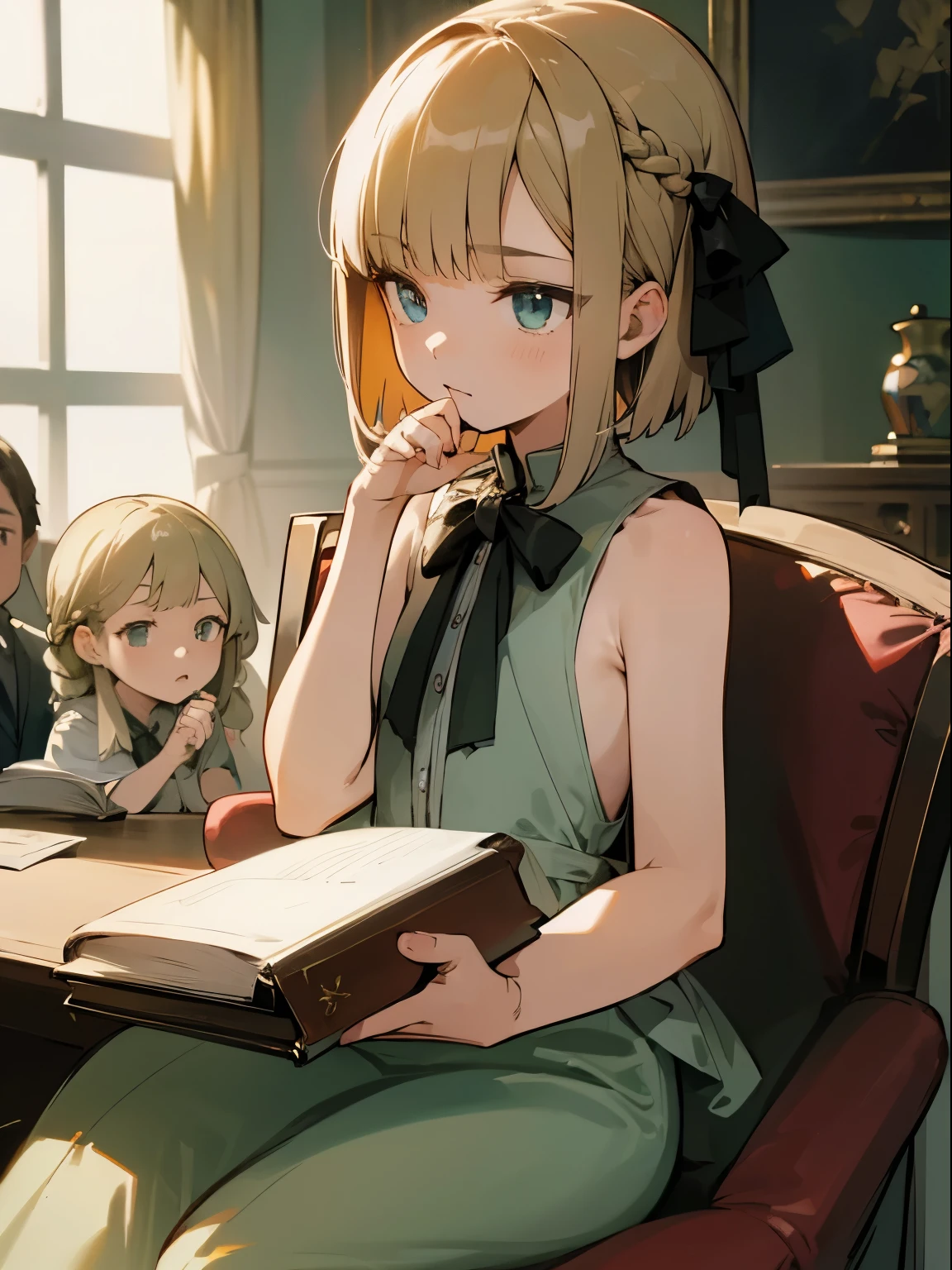 Reines, 1girl, high quality, best quality, illustration, masterpiece, (highly detailed:1.2), (extremely detailed:1.3), pajamas, sleeveless, backless, young girl, string ribbon, braid, , , arm on desk, sitting on chair, in a house, flat chest, (children:1.2), children reading a book, short hair