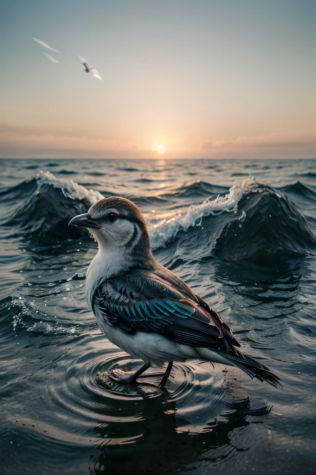 Imagine a bird growing up in the sea around the white glowing fibered grass, colorful gradient, beautiful bird, glimpseasterpiece, powerful, beautiful, 4k) ultra-detailed