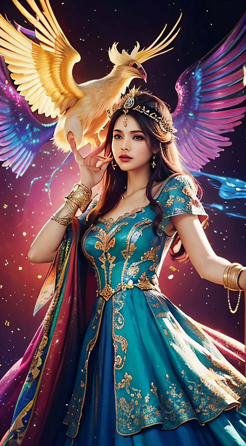 a woman in a colorful dress holding a large bird, 8k high quality detailed art, a beautiful fantasy empress, detailed digital, , 4k highly detailed digital art, detailed fantasy digital art, colorfull digital fantasy art, detailed painting 4 k, 2. 5 d fantasy artwork, fantasy illustration, beautiful digital artwork,FULL HD,16K