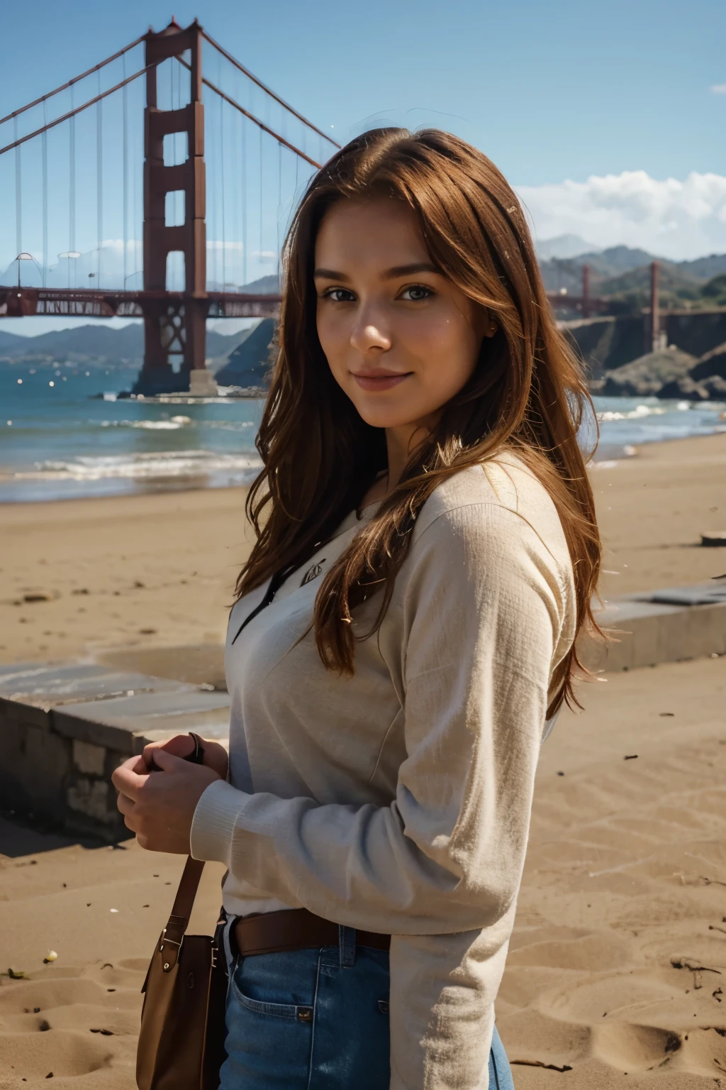 beautiful redhead wearing ochre hemp jersey and flowers her hair (walking in san francisco with golden gate bridge behind in the distance), very detailed, 21 years old, innocent face, natural wavy hair, blue eyes, high resolution, masterpiece, best quality, intricate details, highly detailed, sharp focus, detailed skin, realistic skin texture, texture, detailed eyes, professional, 4k, charming smile, shot on Canon, 85mm, shallow depth of field, kodak vision color, perfect fit body, extremely detailed, foto_\(ultra\), photorealistic, realistic, post-processing, maximum detail, roughness, real life, ultra realistic, photorealism, photography, 8k uhd, photography
