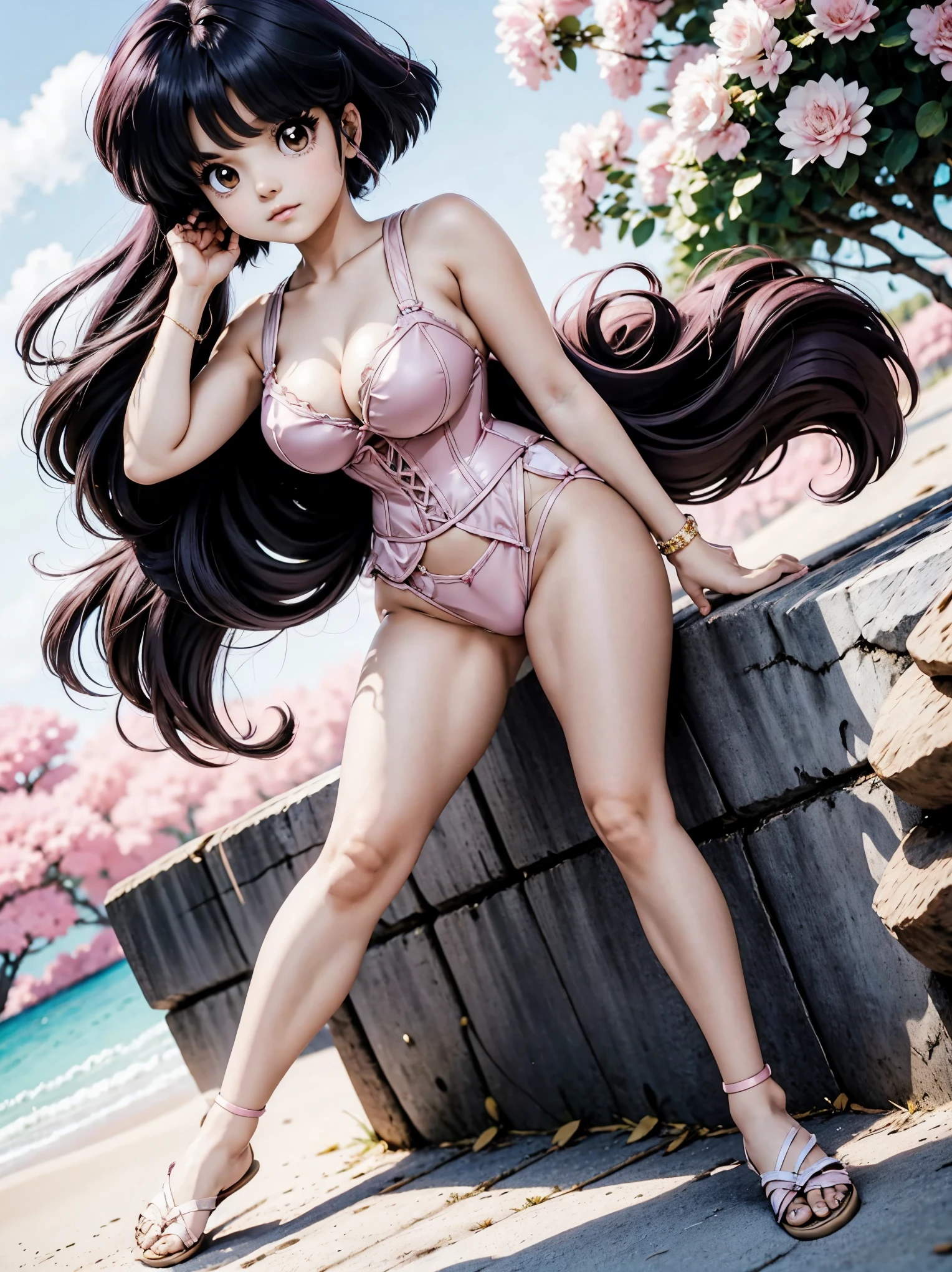 Anime girl with dark bluish hair in CALCINHA PINK and corset, , beautiful body, big breasts, with her hands on her waist, hands in her hair, Sexy girl, bluish hair, side strands of hair with a pink bow, strands of hair with a bow on the side of the face, beautiful lighting, soft shadows, brown eyes, beautiful toned legs, short hair, anime style, hand on the waist, hand in the hair, character Akane Tendo, Author Rumiko Takahashi, Based on a work by Rumiko Takahashi, Anime Ranma 1 / 2, sexy cleavage, robust hips, full body, full body, big bust, young girl with nice and beautiful body, sandals on her feet, girl 16 years youLCINHA PINK E corset, anime girl, anime style, beautiful feet in sandals, outdoors, big breast, beautiful breasts, black hair, sandals on feet, beautiful legs, sexy, beautiful legs, Sandals, big breasts, full body, full body, feet with sandals, big bust, 45º viewing angle