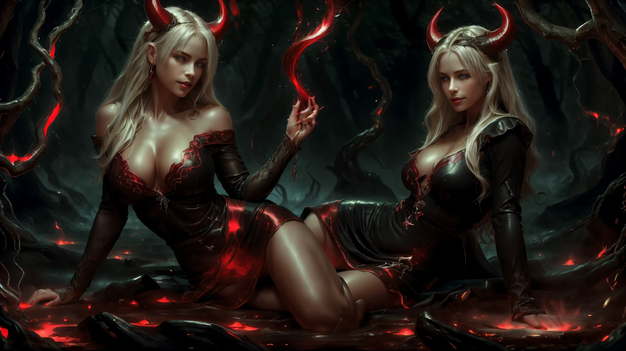 (Highly realistic image), Fantasy scene, Centerpiece, masterpiece, Ultra detailed, High quality, 4k, complex, expert, Center, (volumetric lighting), beautiful, dark masterpiece, (ultra detailed landscape), (sharp landscape), (sharp image), (dark scene), (dark atmosphere). (1 pretty girl alone), sublime Russian girl, , long and straight hair, (platinum blond hair:1.5), hair in front of her eyes, (blue eyes:1.1), (skinny body:1.3), small ass, (big round breasts, huge tits), fine and innocent face, (seductive smile), luscious red lips, (large gold hoop earrings), black horns, she wears a (short tight-fitting slit silk dress), (red dress:1.5), (bare legs), (bare arms), (bare stomach), (bare breast), (deep neckline). (inside a forest with a river, goddess standing in waterfalls who forming a demonic portal to the underworld, he is formed by blood magic and red mana. it's pitch black and the scene is lit by magic and braziers:1.3), (flames), (fire), (blood). (View viewer), (low angle), (cowboy shot), (upper half of the body), (sensual dynamic pose), (perfect body), (perfect anatomy), (perfect hand),Nice legs and hot body,more detail,realistic,demonictech, ,fishnet thighhighs,more detail