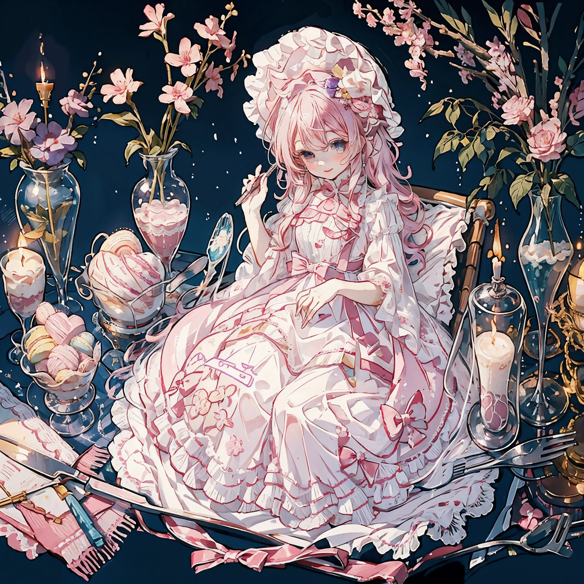 ((exquisite, beautiful, very detailed, masterpiece, high quality, confused, High resolution, Full HD, 16k)),((巨大なpastel colourのマカロン))),(lots of macarons),(floating in the air),fairy princess,(Happy), fun, (smile, laughter), (pink ball gown dress:1.5,macaron motif dress:1.5,Decorated with lace, frills and jewels:1.1,),(bob, wavy hair, pink hair),(purple eyes, Big eyes, Fair skin), slim, soft edge, soft lines, highly saturated colors, bright colors, pastel colour, lit, warm lit, soft lit, fantasy, romantic atmosphere, dreamy atmosphere, floating