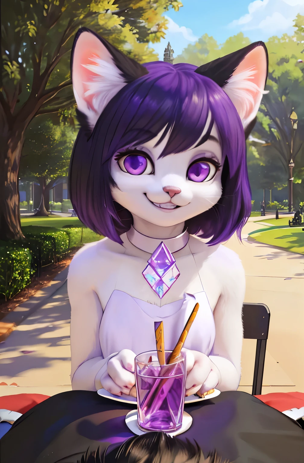 (a short female white cat furry with white fur, violet eyes, long lilac hair,white fur,violet octaheadron crystal on neck, black fur on ears), (a huge male black cat furry with white short hair),size differences, in park, having lunch, grin, happy, first person view