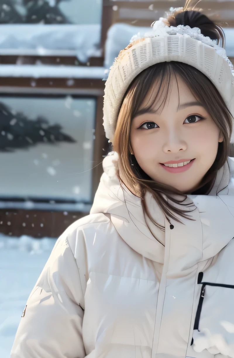 1 girl, highest quality, perfect figure, Super detailed, finely, High resolution, 8k wallpaper, Perfect dynamic figure, beautiful and detailed eyes,medium hair, natural color lip, bold sexy pose,smile, Sapporo、(It's snowing:1.4), (heavy snow:1.2), 20-year-old, cute、sexy shot, looking at the viewer, Change costume randomly, (trendy winter clothes), (happy smile:1.2),