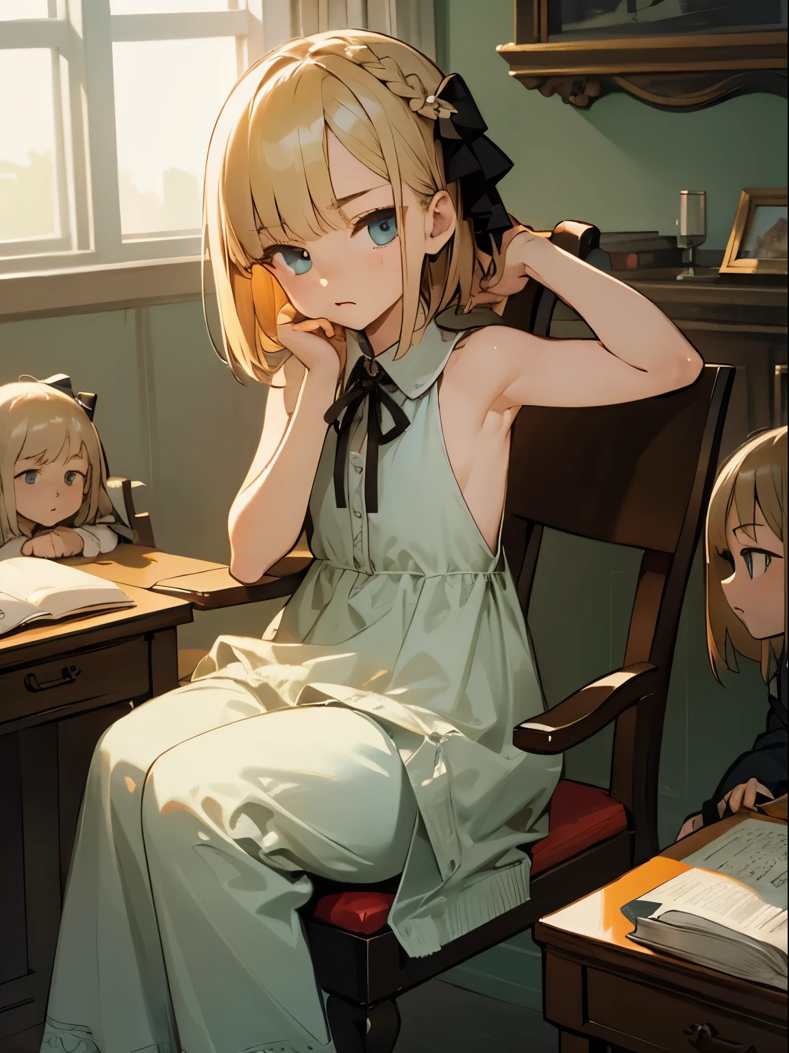 Reines, 1girl, high quality, best quality, illustration, masterpiece, (highly detailed:1.2), (extremely detailed:1.3), pajamas, sleeveless, backless, young girl, string ribbon, braid, , , arm on desk, sitting on chair, in a house, flat chest, (children:1.2), children reading a book, short hair