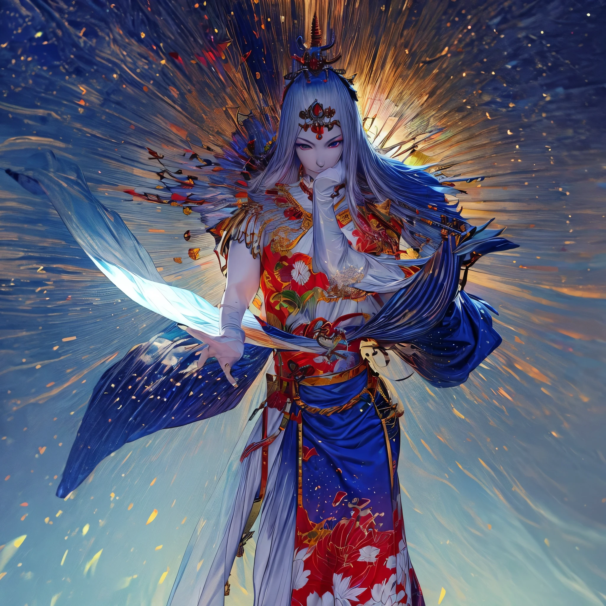 (best quality,4k,8k,highres,masterpiece:1.2),ultra-detailed, Japanese Goddess Amaterasu, Shining bright like the sun, Full body, impressive, imposing, facing viewer, seductive eyes, posed majestically, drawn in the style of Yoshitaka Amano, HDR, 8k, absurdres, cinestill 800, sharp focus, add_detail:3