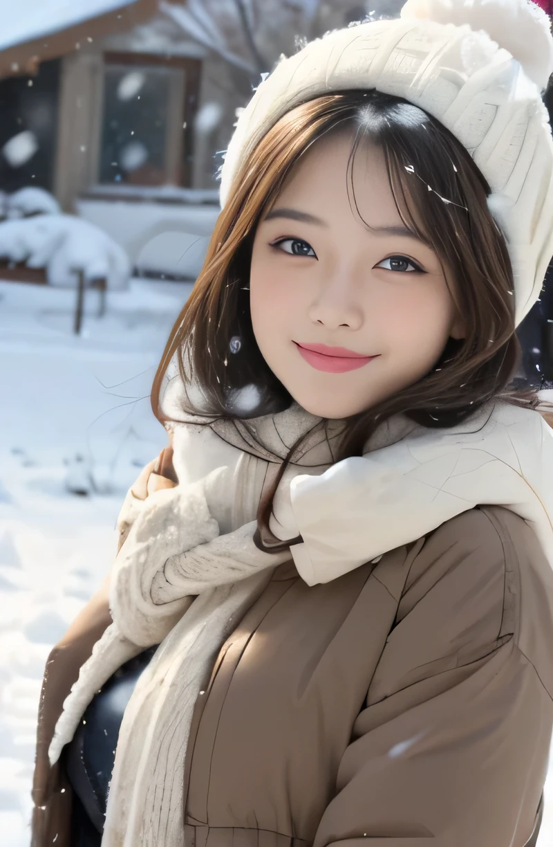 1 girl, highest quality, perfect figure, Super detailed, finely, High resolution, 8k wallpaper, Perfect dynamic figure, beautiful and detailed eyes,medium hair, natural color lip, bold sexy pose,smile, Sapporo、(It&#39;s snowing:1.4), (heavy snow:1.2), 20-year-old, cute、sexy shot, looking at the viewer, Change costume randomly, (trendy winter clothes), (happy smile:1.2),