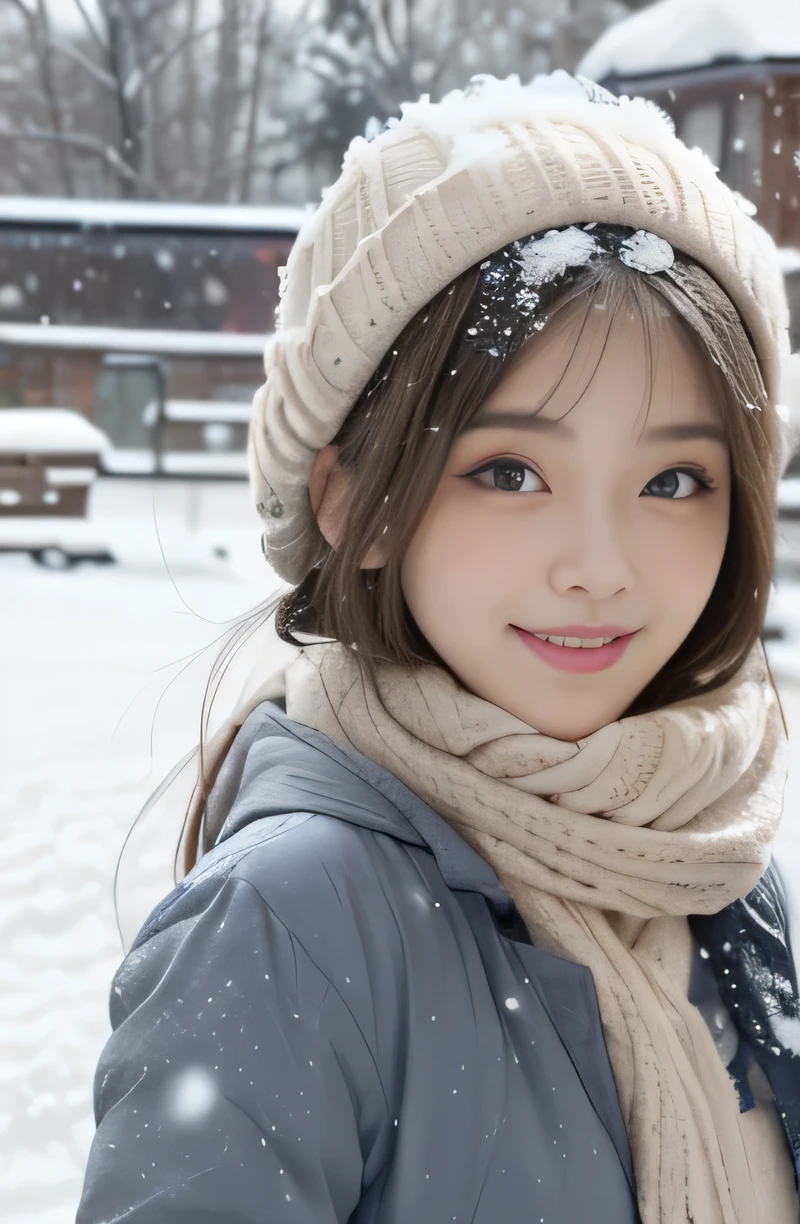 1 girl, highest quality, perfect figure, Super detailed, finely, High resolution, 8k wallpaper, Perfect dynamic figure, beautiful and detailed eyes,medium hair, natural color lip, bold sexy pose,smile, Sapporo、(It's snowing:1.4), (heavy snow:1.2), 20-year-old, cute、sexy shot, looking at the viewer, Change costume randomly, (trendy winter clothes), (happy smile:1.2),