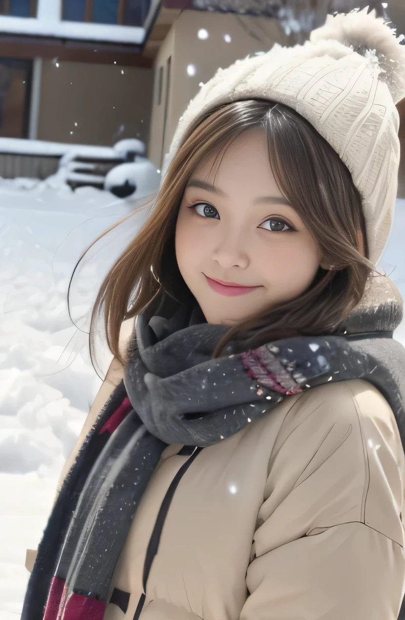 1 girl, highest quality, perfect figure, Super detailed, finely, High resolution, 8k wallpaper, Perfect dynamic figure, beautiful and detailed eyes,medium hair, natural color lip, bold sexy pose,smile, Sapporo、(It's snowing:1.4), (heavy snow:1.2), 20-year-old, cute、sexy shot, looking at the viewer, Change costume randomly, (trendy winter clothes), (happy smile:1.2),