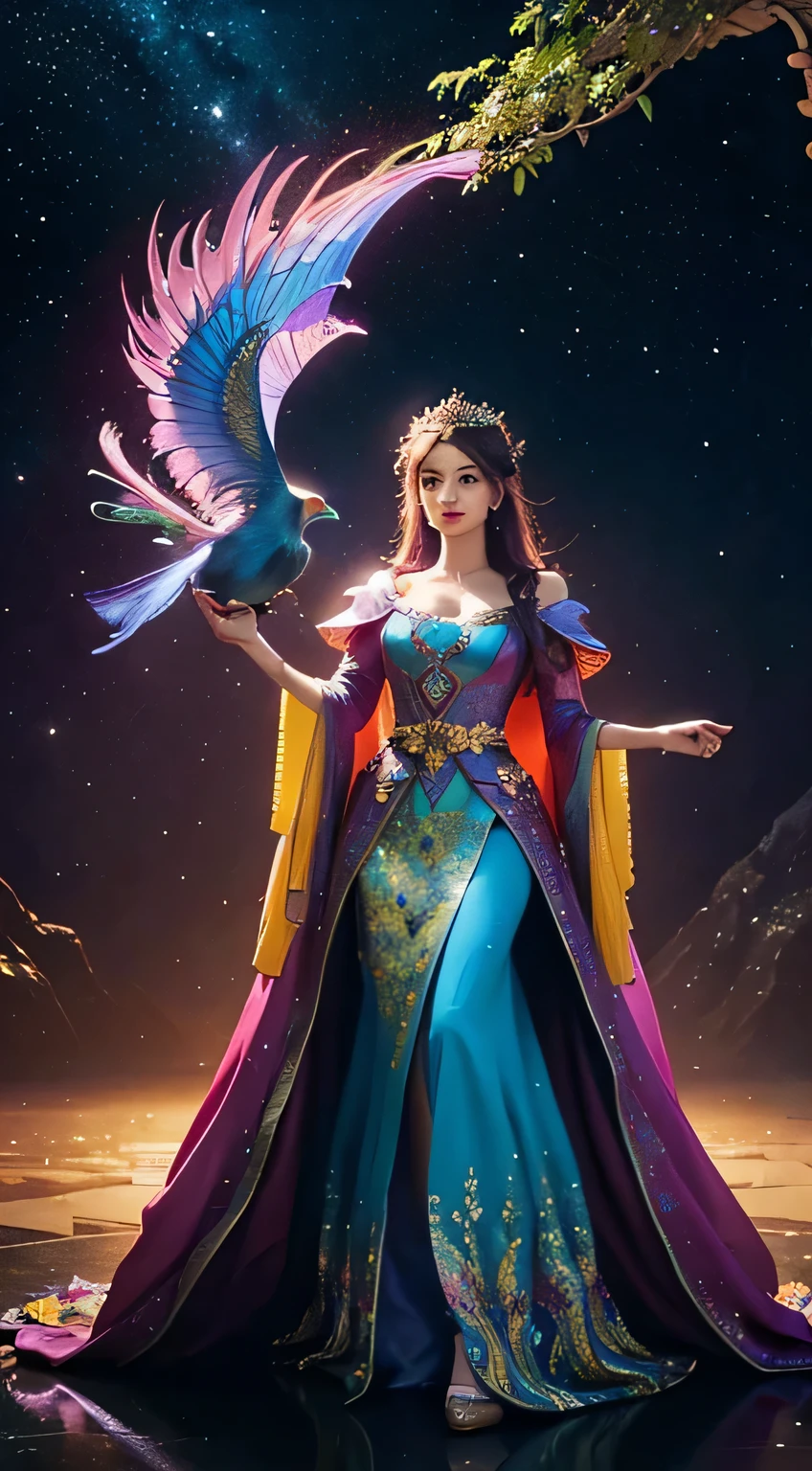 a woman in a colorful dress holding a large bird, 8k high quality detailed art, a beautiful fantasy empress, detailed digital, , 4k highly detailed digital art, detailed fantasy digital art, colorfull digital fantasy art, detailed painting 4 k, 2. 5 d fantasy artwork, fantasy illustration, beautiful digital artwork,FULL HD,16K