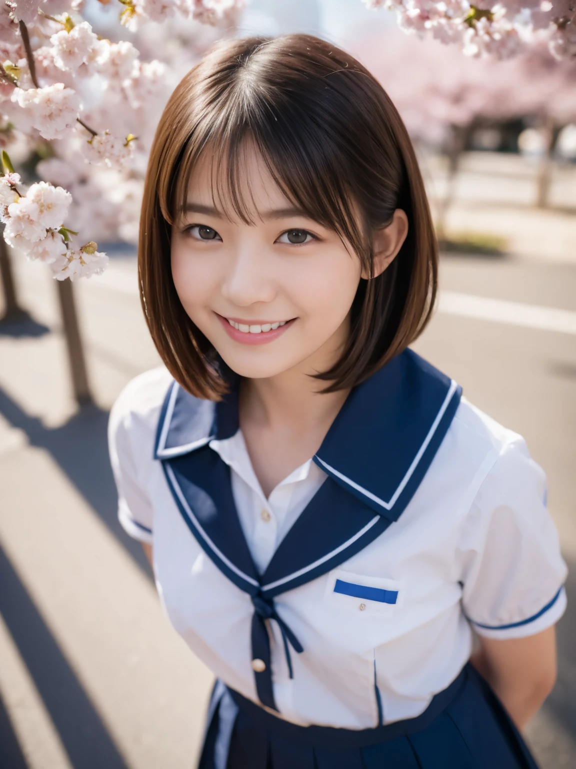 (highest quality,masterpiece:1.3,ultra high resolution),(Super detailed,caustics,8k),(realistic:1.4,RAW shooting),1 girl,(smile),(cherry blossomsを見上げる),18-year-old,cute,Japanese,Black short ponytail,(school uniform),glamorous,(big ),(face focus),street,cherry blossoms,Natural light,(Lens flare),professional writing,(cowboy shot),(bird&#39;point of view:1.2),(high position:1.4),(high angle:1.4), Photoreal, 8k,  Beautiful woman, attractive look, short hair, , Tokyo city, winter, With Shibuya in the background, Sunlight, Natural light, Place a reflector in front of the camera to brighten the photo, 