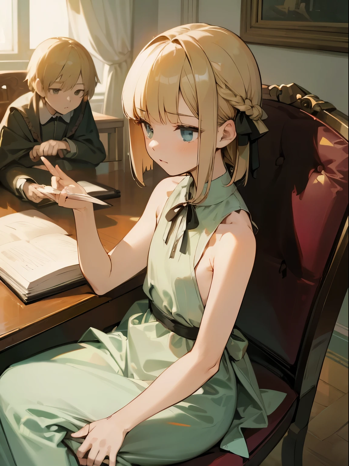 Reines, 1girl, high quality, best quality, illustration, masterpiece, (highly detailed:1.2), (extremely detailed:1.3), pajamas, sleeveless, backless, young girl, string ribbon, braid, , , arm on desk, sitting on chair, in a house, flat chest, (children:1.2), children reading a book, short hair