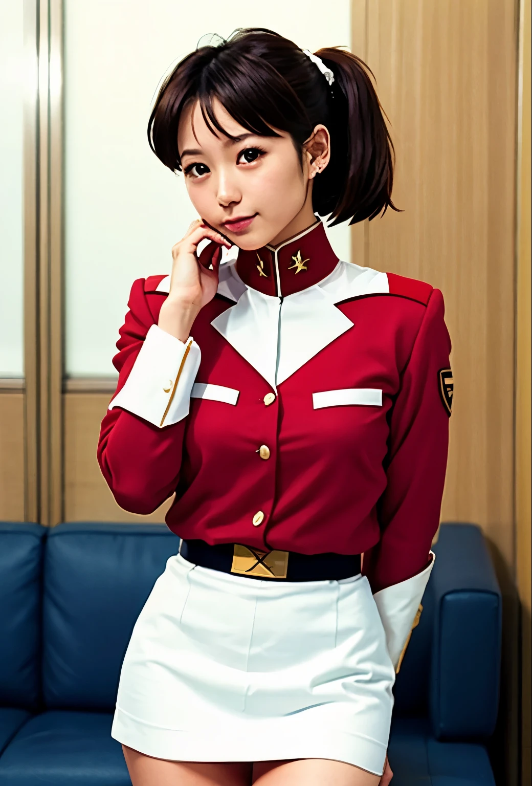 real photos、real image、Real photo、Highest  quality、Beautiful woman、beautiful thighs、beautiful face、real imYear、federal army uniform uper mini skirt、white panties、ponytail、Yuriko Yoshitaka、16Year日本人女性、Mrs. Bowe、pretty girl、white pantiesーが丸見え、1６Year、（white pantiesー:1.3）、super mini skirt、beautiful thighs、white pantiesー、赤いミニスカートがめくれてwhite pantiesーが見えてる