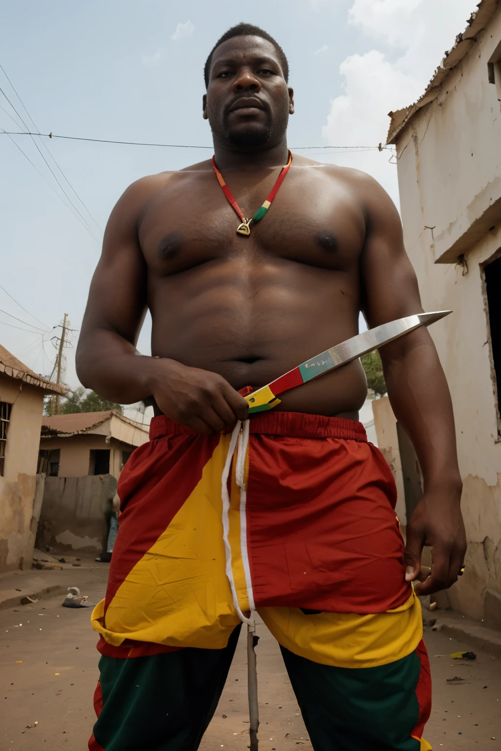 An african large man dressed in the color of the flag of Togo with a big scissor in hand to cut the electricity on the roof of houses in a poor neighborhood in Africa