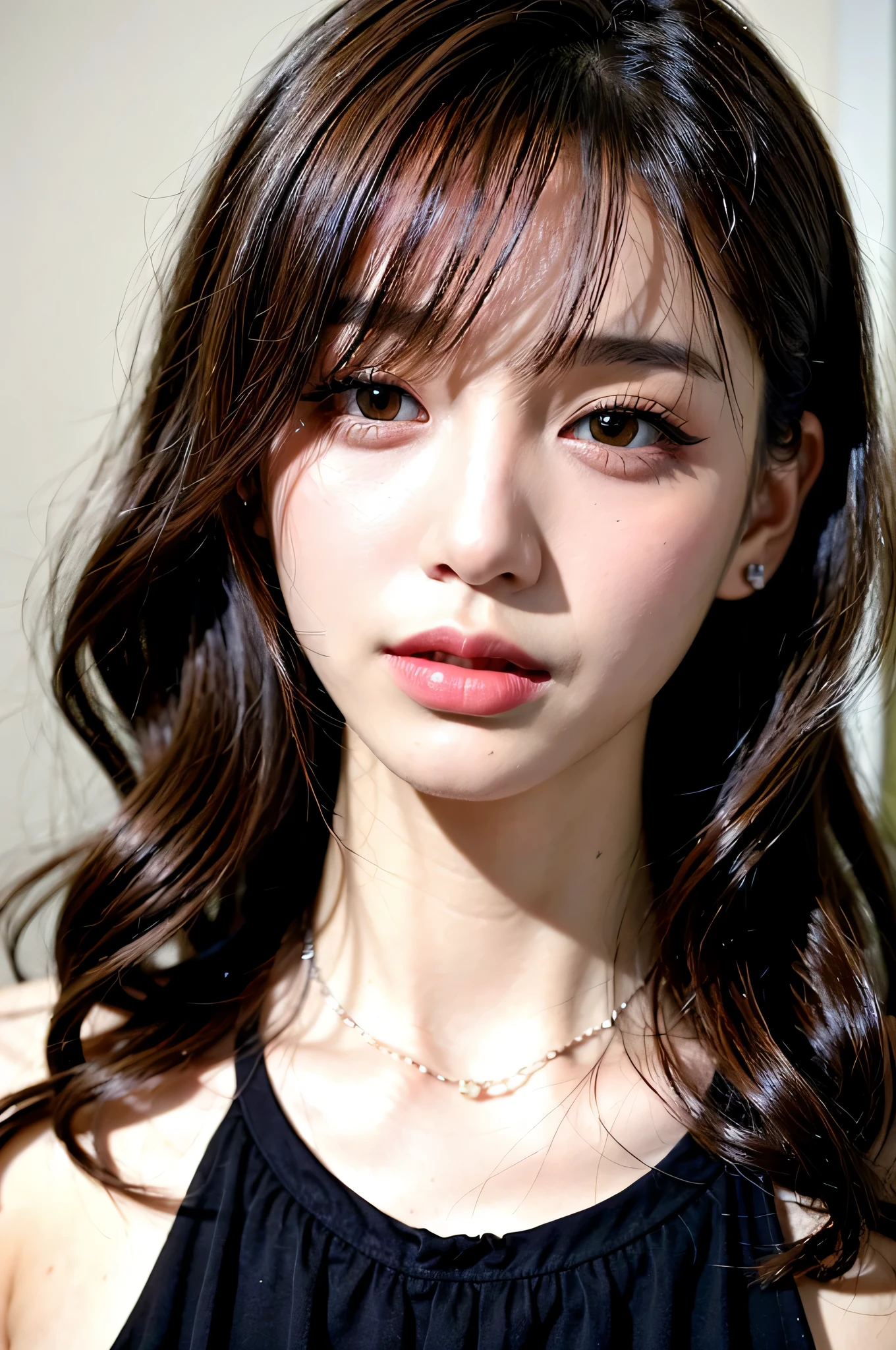 Canon RF85mm f/1.2,masterpiece,highest quality,ultra high resolution,VC,1 girl,(korean mixed,K-POPアイドル:1.2),alone,white_shiny_skin,black eye,necklace,((Brown_short_wavy_hair)),((pink_shiny_lips)),eyelash,前hair,make,compensate,shiny,pore,skin texture,bracelet,off shoulder,See-through,big breasts