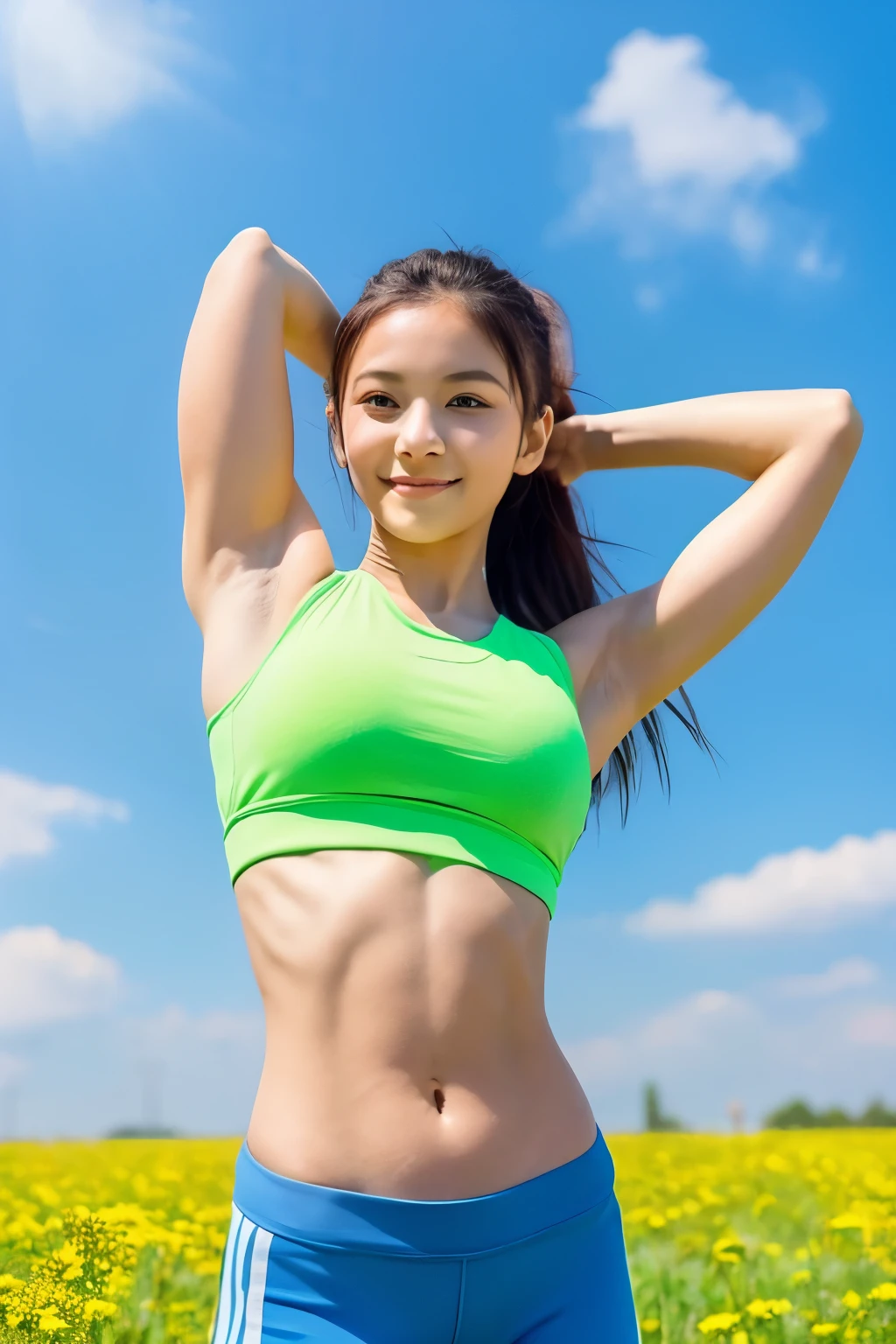 under the sun、against the blue sky、Beautiful girl doing muscle training on a bright green meadow。she has a sporty fashion、holding dumbbells on a yoga mat。she is looking at me、Healthy beauty stands out