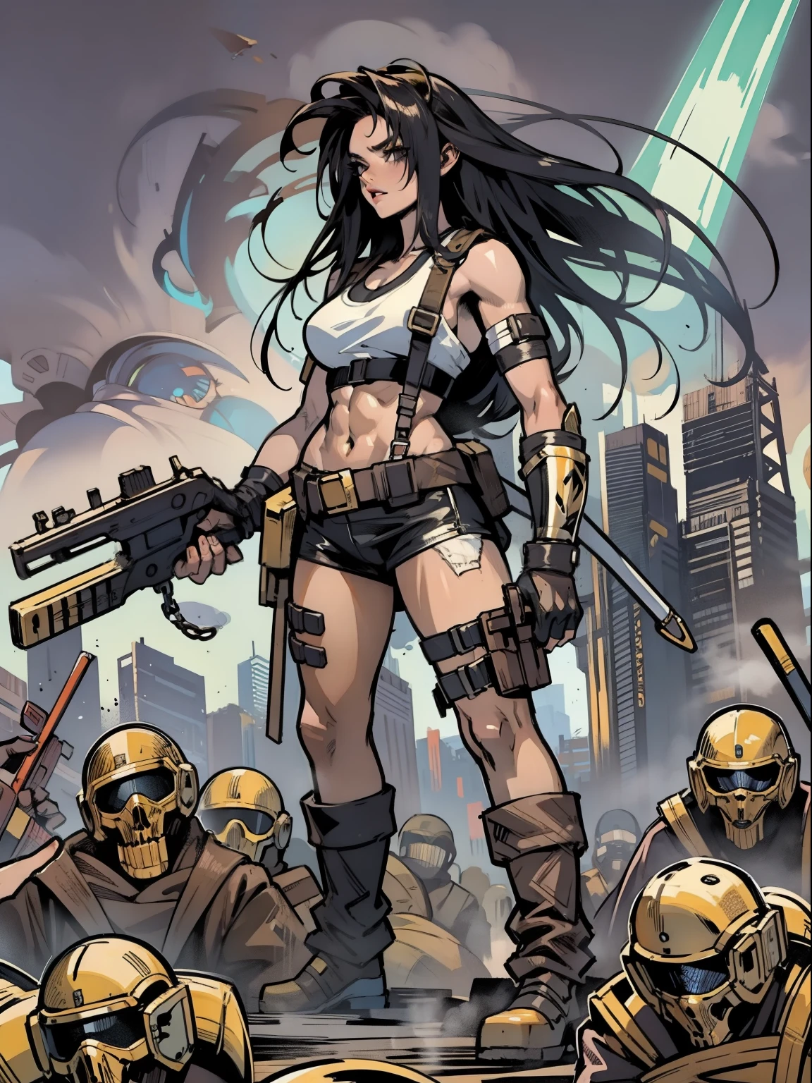 A post-apocalyptic warrior, uma mulher de 35 anos quase nua no estilo Simon Bisley para a capa da revista Heavy Metal, cabelo metade preto metade branco, Minimum clothing, roupas curtas,