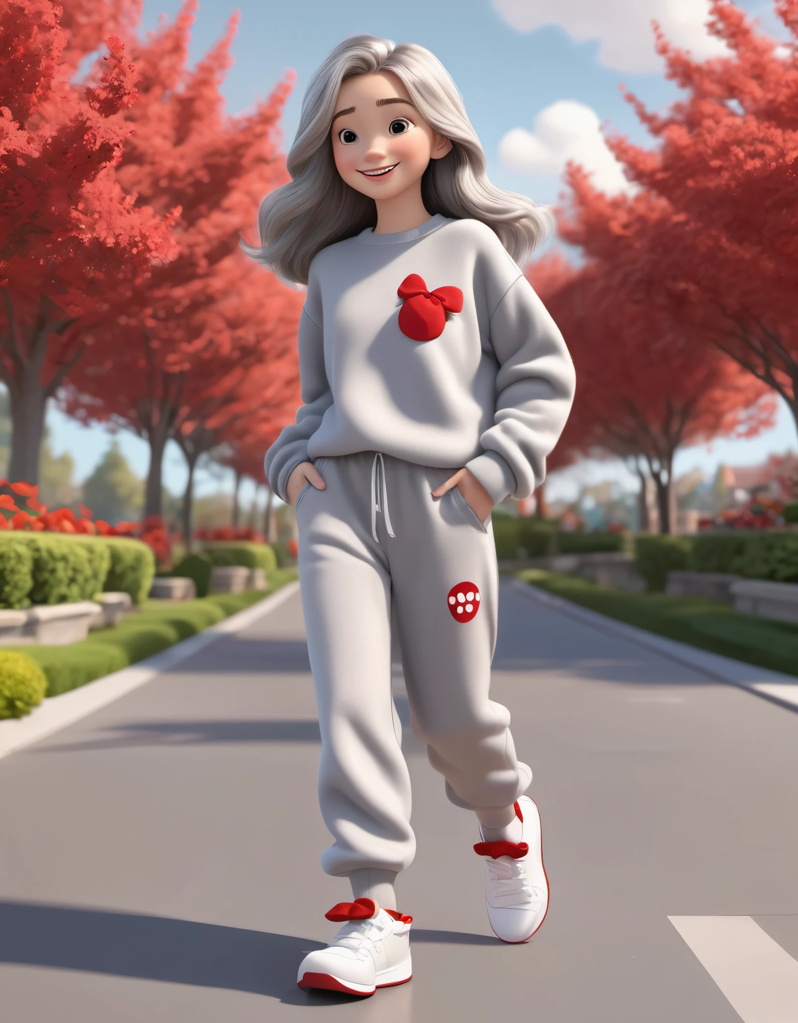 3D character from Disney animation, Pixar style,whole body,Happy girl walking,gray long hair,,Simple gray soft sweater and furry very baggy sweatpants,white shoes,Red bow and red socks,clean background.cinnamic lighting, ray tracing, high details, 3d render ,Spring outing