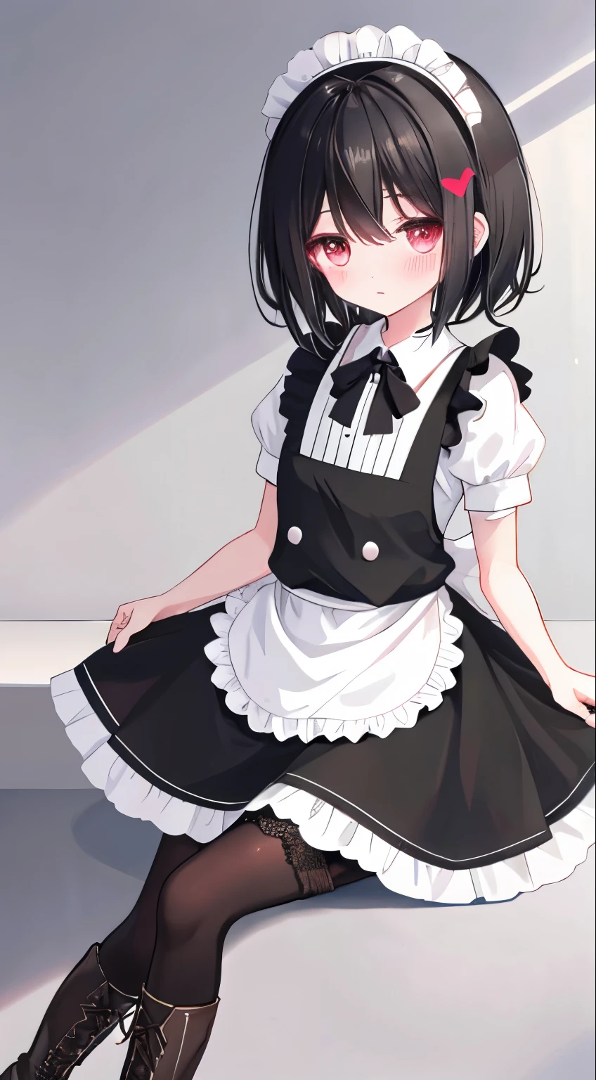 ,short black hair,maid outfit,Black lace-up boots,white pantyhose,blush shy,classroom scene,demon