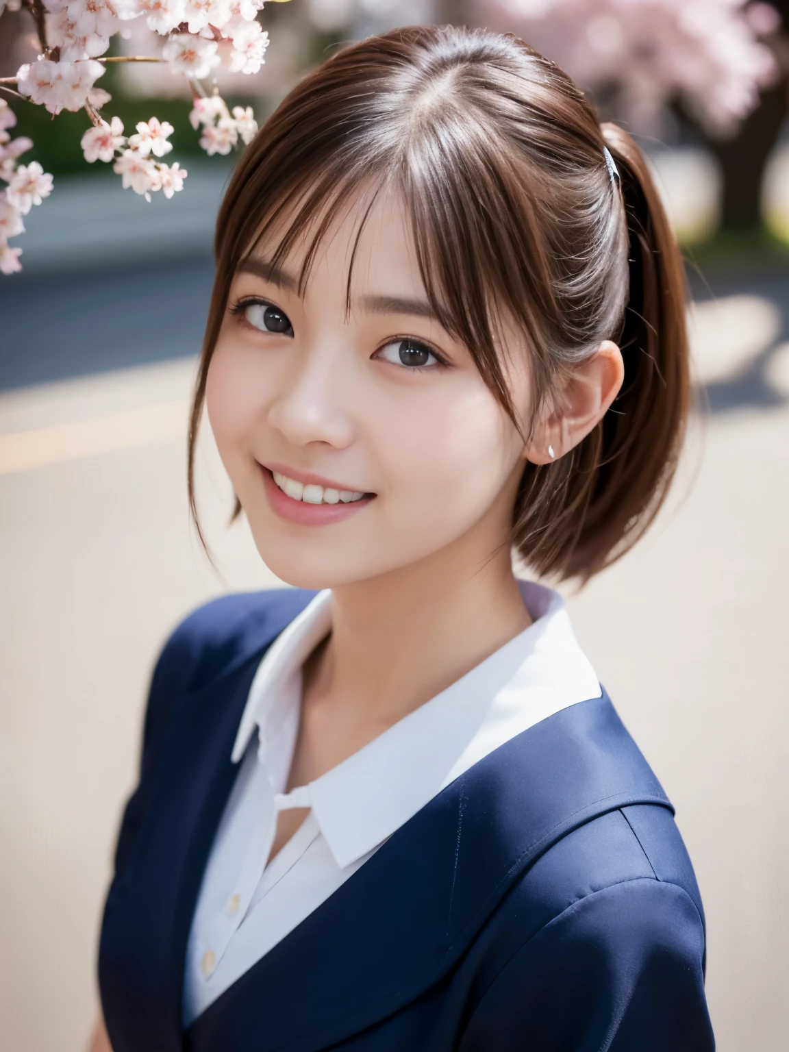 (highest quality,masterpiece:1.3,ultra high resolution),(Super detailed,caustics,8k),(realistic:1.4,RAW shooting),1 girl,(smile),(cherry blossomsを見上げる),18-year-old,cute,Japanese,Black short ponytail,(school uniform),glamorous,(big ),(face focus),street,cherry blossoms,Natural light,(Lens flare),professional writing,(cowboy shot),(bird&#39;point of view:1.2),(high position:1.4),(high angle:1.4), Photoreal, 8k,  Beautiful woman, attractive look, short hair, ************, Tokyo city, winter, With Shibuya in the background, Sunlight, Natural light, Place a reflector in front of the camera to brighten the photo, 