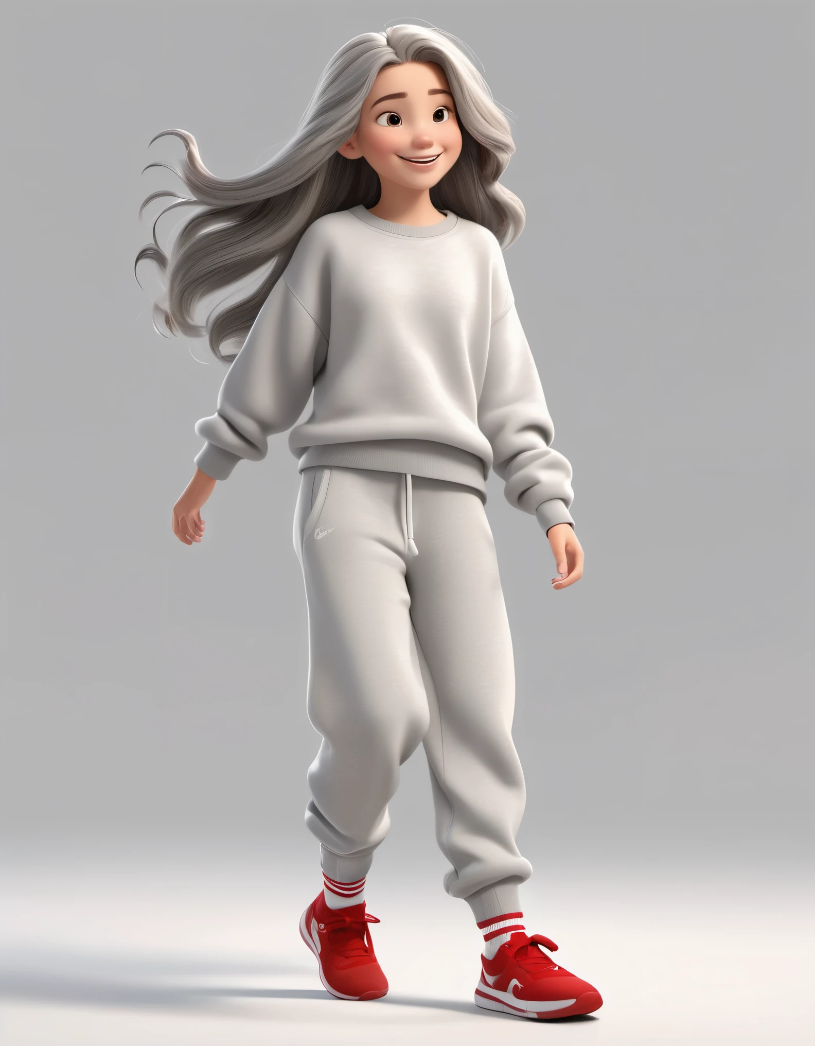 3D character from Disney animation, Pixar style,whole body，Happy girl walking，gray long hair，，Gray soft simple sweater and very loose sweatpants，white high top shoes，red socks，clean background.cinnamic lighting, ray tracing, high details, 3d render ，Spring outing