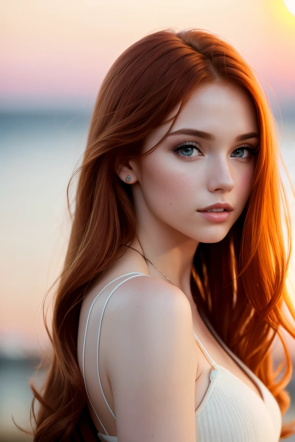 beautiful redhead girl, solo, (Attractive model:1.3), (Promotion Model:1.2), Highly detailed eyes and pupils, Brown eyes, Long hair, (Detailed hair:1.3), Delicate sexy face, Organoleptic gas, Shiny lips, Beige princess dress, Detailed clothes, (Blurry background:1.25), (Sim Backgrounds), (Background without humans), (During a sunset:1.37), (Engaging pose), (Realistic, Super realistic, Realism, realistic detail), Perfect Anatomy, Perfectly proportions, Bokeh, Depth of fields, Hyper Sharp Image, Attract