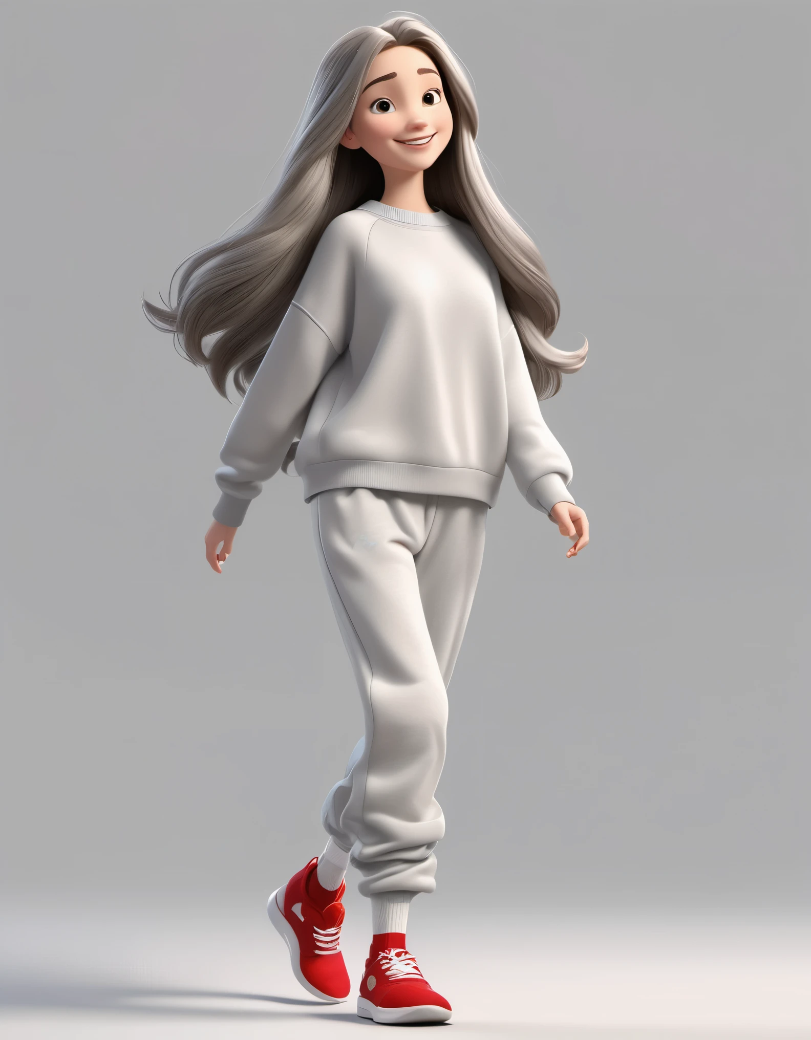 3D character from Disney animation, Pixar style,whole body,Happy girl walking,gray long hair,super long legs,Dynamic stride action,Gray soft simple sweater and very loose sweatpants,white high top shoes,red socks,clean background.cinnamic lighting, ray tracing, high details, 3d render ,Spring outing