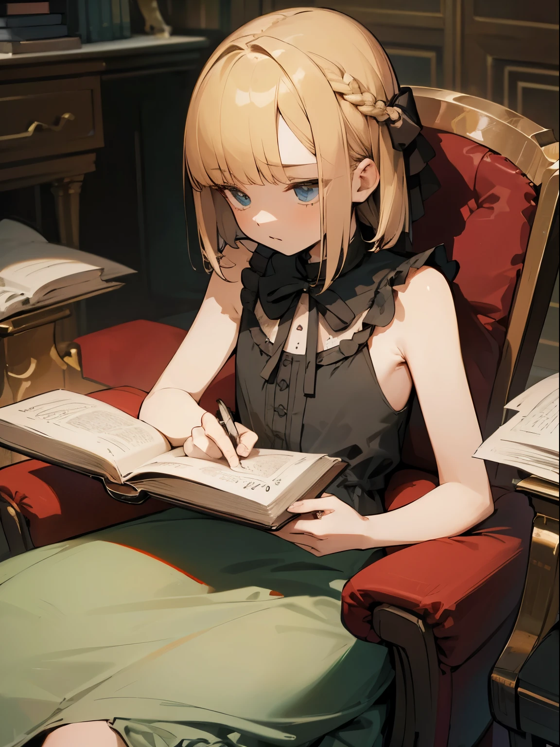 Reines, 1girl, high quality, best quality, illustration, masterpiece, (highly detailed:1.2), (extremely detailed:1.3), pajamas, sleeveless, backless, young girl, string ribbon, braid, , , arm on desk, sitting on chair, in a house, flat chest, (children:1.2), children reading a book, short hair