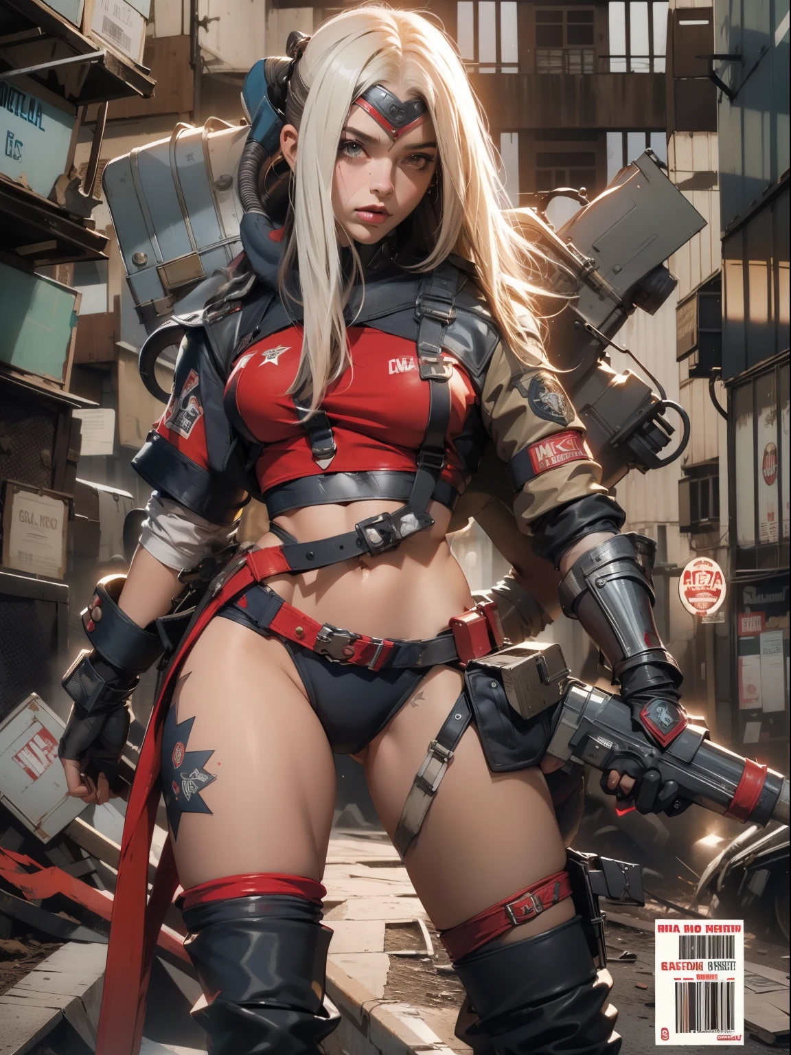 (((mulher))), (((melhor qualidade))), (((obra prima))), (((adulto))), (((1girl))), ((( corte de cabelo bob ))), Uma gladiadora cyberpunk mulher de 25 anos com corpo perfeito, shoulder pads with metal spines, Gladiadores do Brooklyn, (( corte de cabelo bob )), tiny leather panties, camiseta de time de rugby rasgada, quase nua no estilo selvagem urbano de Simon Bisley para a capa da revista Heavy Metal, Cabelo loiro curto, Minimum clothing, Metal protection on the left arm with intricate graphics, Dark red with white stars and white and navy blue checkerboard pattern, armadura, cheio de pontas e rebites, (((do joelho pra cima))), cabelos loiro branco curto, no fundo uma parede pintada por Shepard Fairey com um design intrincado