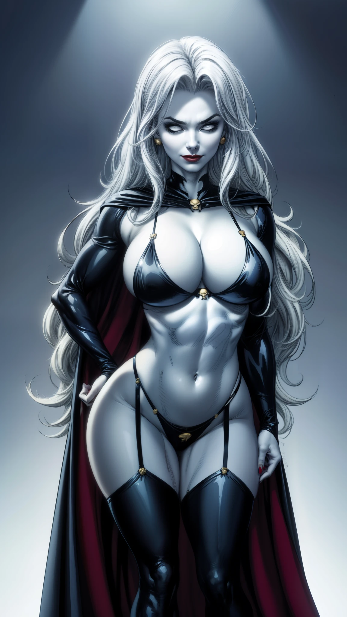 Neringa as Lady_death_bikini_ facing front,power stance, mascara, blank_eyes,long hair,breasts,white hair,makeup,navel,lipstick,large breasts,wavy hair,white skin,lips,curly hair,red lips,very long hair,toned, cape, narrow_waist, curvy,pale skin, (slendered abs:1.5), thick_eyelashes, thick eyebrows, big hair, blue background, (masterpiece:1.2), (best quality:1.2), volumetric lighting, hand on hip, seductive smile, bikini armor,  abs, toned, wide hips, thick thighs, huge breasts