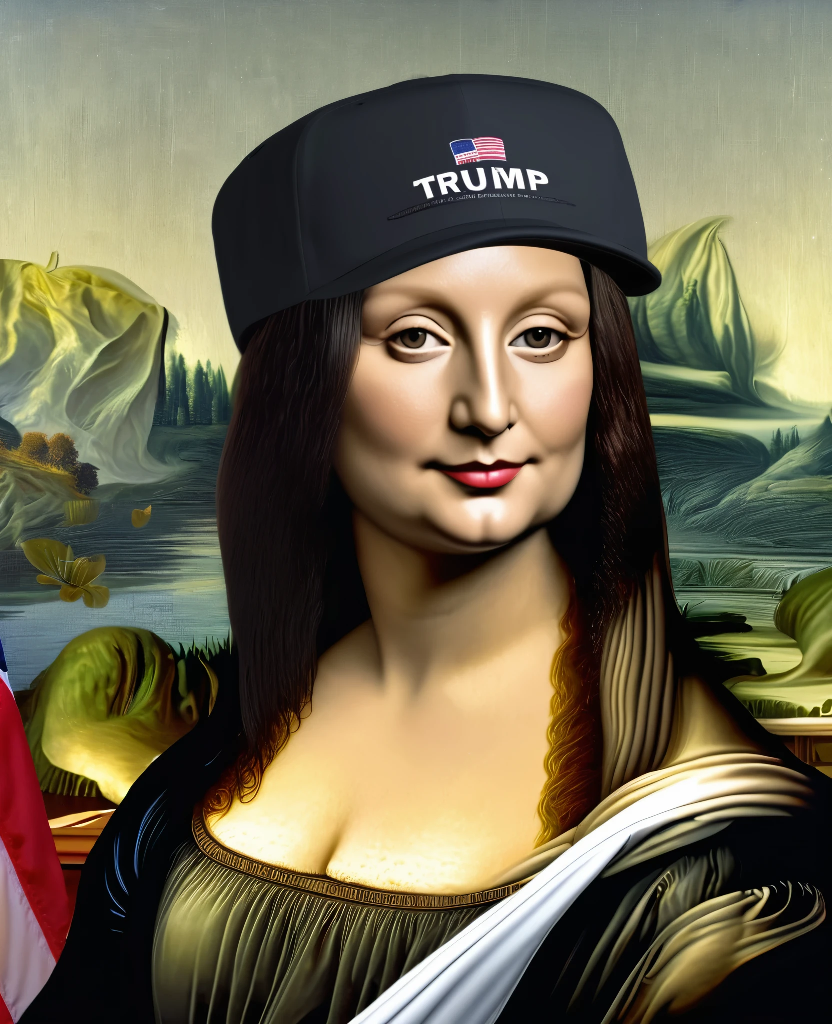 Mona Lisa in America, as the biggest trump supporter, hyper realistic 4k, maga hat, trump extremists 