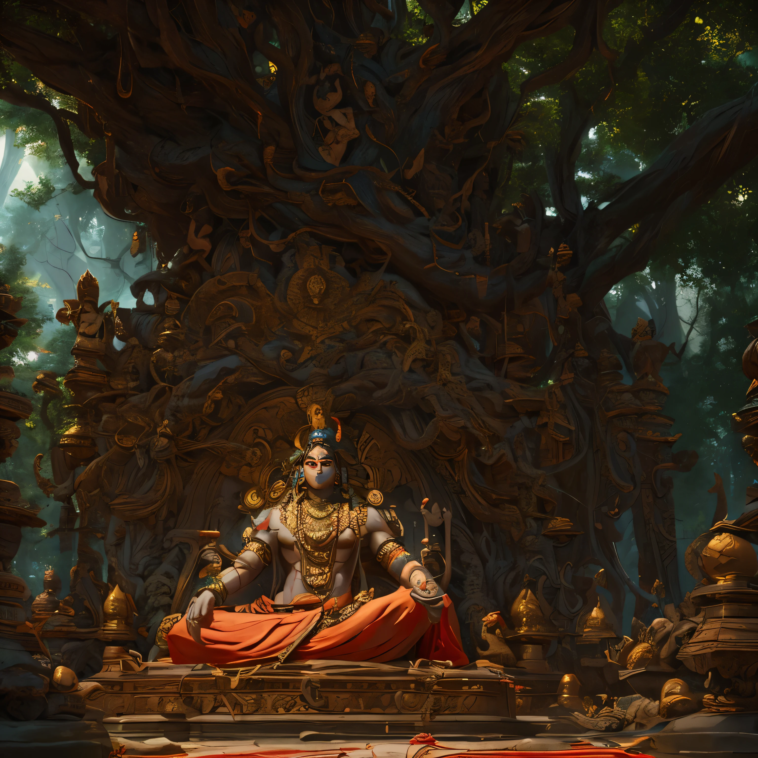 Lord Shiva, meditating under a divine, mysterious tree , surrounded by snakes looking up to him, among other indian sadhus, moody, Dramatic lighting, masterpiece,8k,unreal engine 5, hindu mythology, God, Divine,masterpiece, 8k resolution, dark fantasy concept art, by Greg
Rutkowski, dynamic lighting, hyper detailed, intricately detailed, trending on Artstation, deep color, Unreal Engine,volumetric lighting, Alphonse Mucha, Jordan Grimmer.