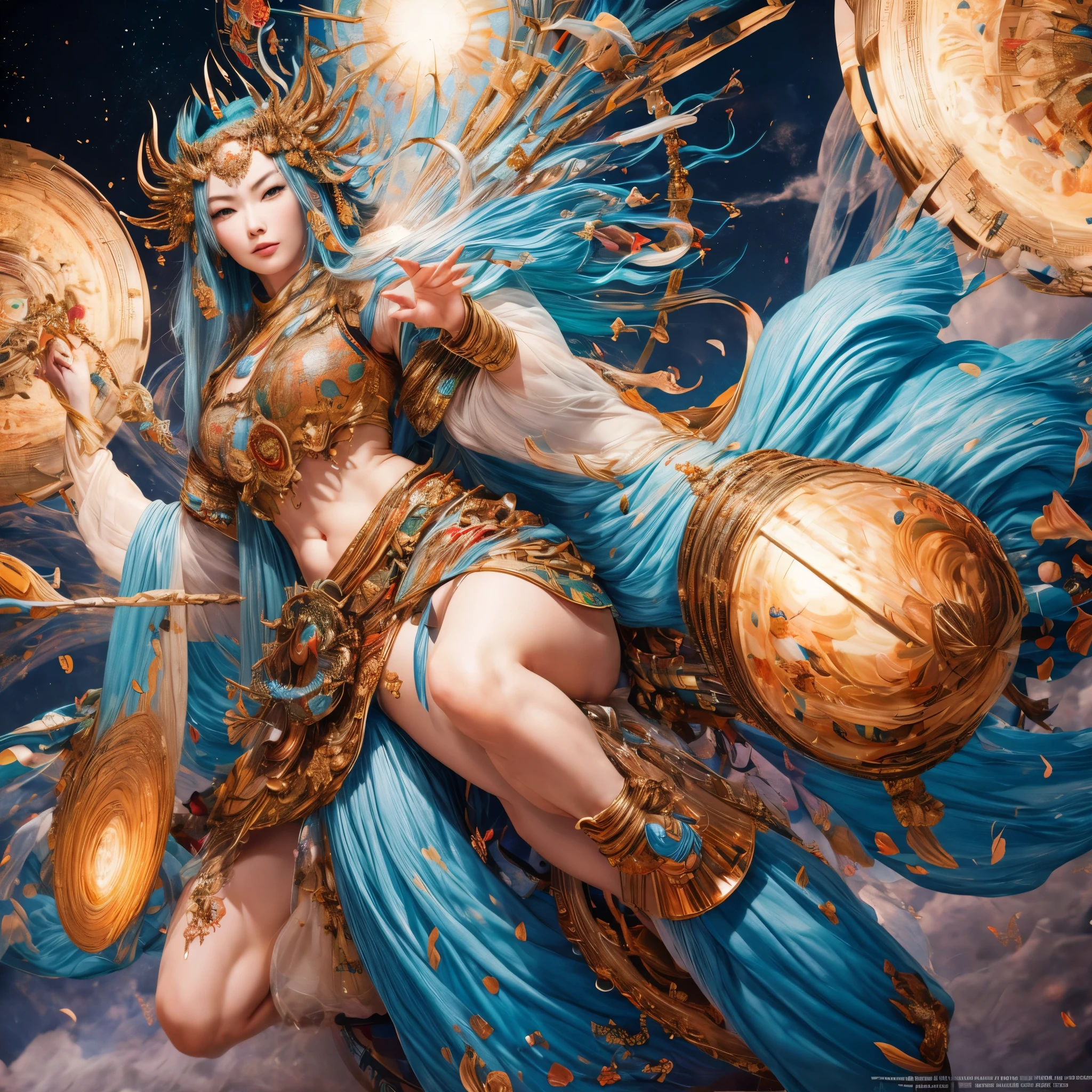 (best quality,4k,8k,highres,masterpiece:1.2),ultra-detailed, Japanese Goddess Amaterasu, Shining bright like the sun, Full body, impressive, imposing, facing viewer, seductive eyes, posed majestically, drawn in the style of Yoshitaka Amano, HDR, 8k, absurdres, cinestill 800, sharp focus, add_detail:3