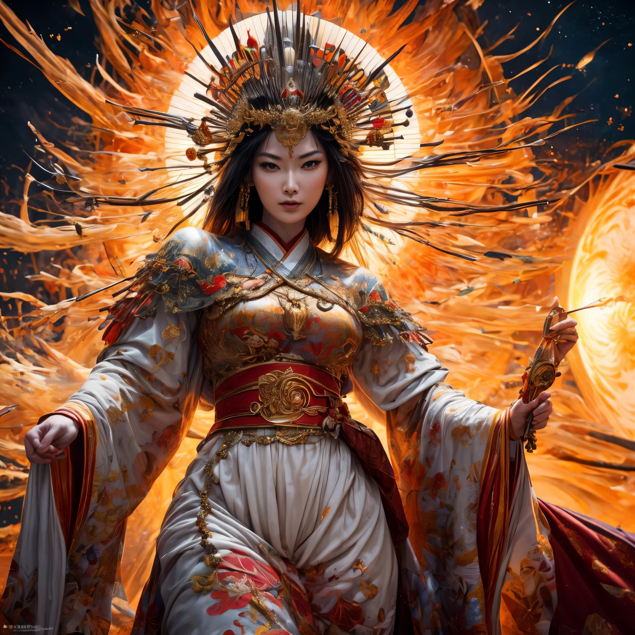 (best quality,4k,8k,highres,masterpiece:1.2),ultra-detailed, Japanese Goddess Amaterasu, Shining bright like the sun, Full body, impressive, imposing, facing viewer, seductive eyes, posed majestically, drawn in the style of Yoshitaka Amano, HDR, 8k, absurdres, cinestill 800, sharp focus, add_detail:3