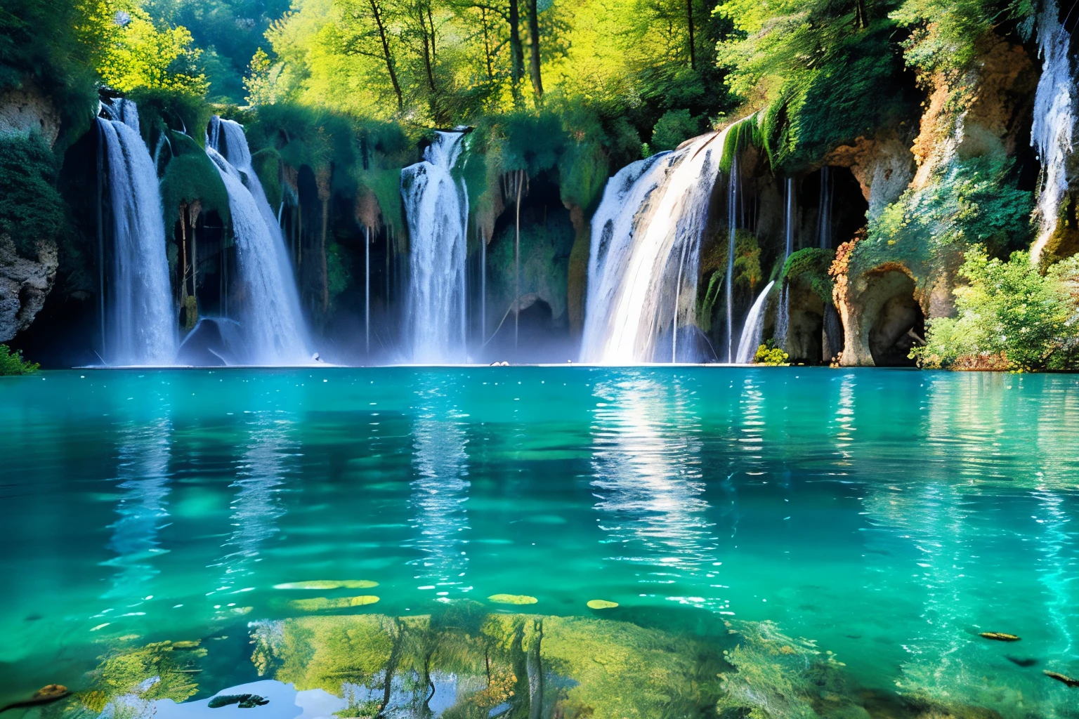 Plitvice Lakes National Park, Croatia: A network of turquoise lakes interconnected by cascading waterfalls and surrounded by lush forests, creating a fairytale-like landscape.