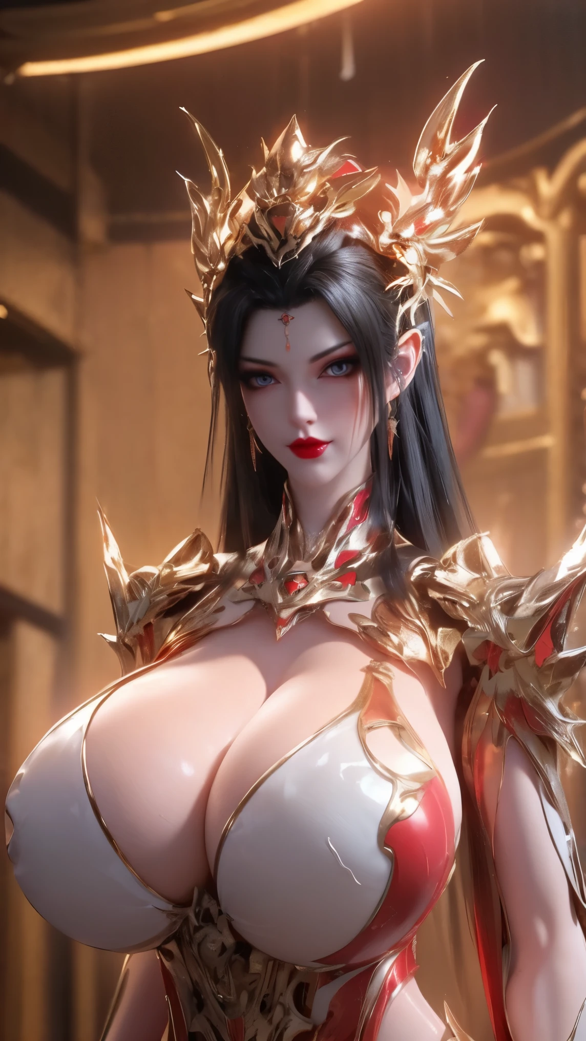 PORTRAIT,UPPER BODY,SOLO,(BEAUTY WHITE HAIRSTYLE,PHOENIX GOLD HELM), (GIGANTIC FAKE BREAST,CLEAVAGE,MUSCLE ABS:1.5), (WEARING RED and BLACK MECHA SHINY FUTURISTIC MECHA SKINTIGHT MINI BIKINI:1.5),(NSFW SLENDER BODY MATURE WOMAN:1.5), (SWEATY GLOSSY BODY:1.5), (LOOKING AT VIEWER:1.3),(HALLROOM OF FUTURISTIC SPACE STATION:1), (PHOTOREALSITIC:1.4), (ULTRA-DETAILLIERT), (TOP-QUALITY), (BEST SHADOWS), (MASTERPIECE), BRIGHT LIGHT IN ROOM, HYPER TEXTURE, (4X MSAA), ((UNREAL ENGINE 5 RENDER)), PHYSICALLY-BASED RENDERING, ULTRA HIGHT DEFINITION, 16K, 1080P.