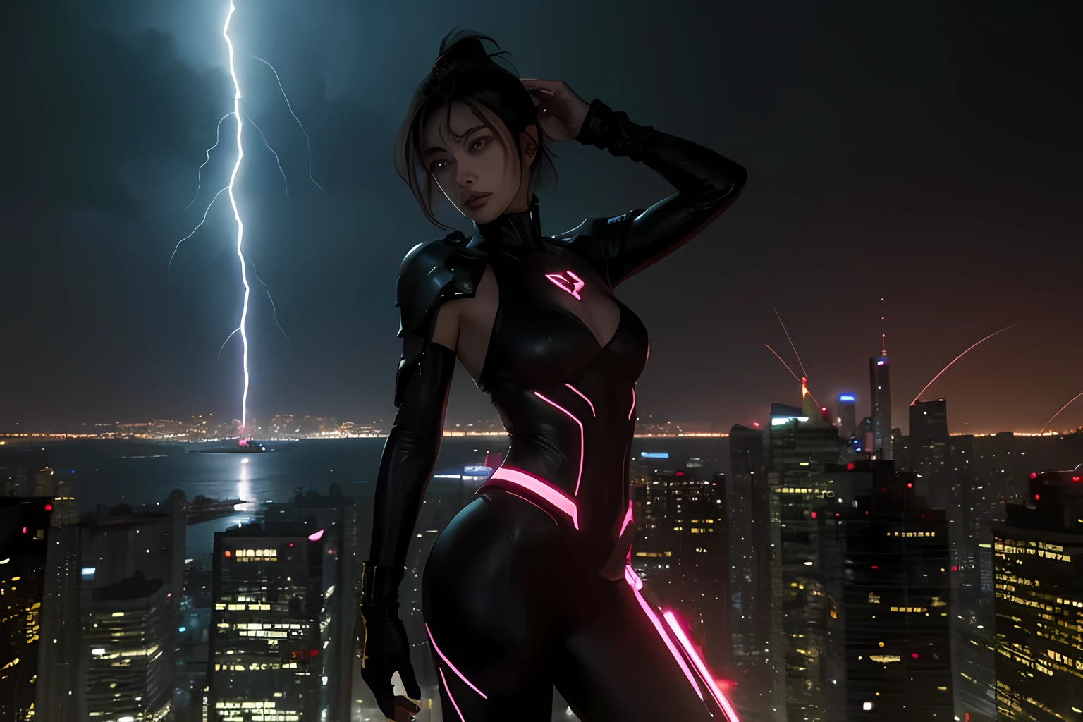 In a futuristic cityscape consumed by chaos, a lone warrior babe stands atop a skyscraper, her silhouette cutting through the neon-lit skyline. She wears sleek, high-tech armor adorned with glowing accents that pulse with energy. With a fierce expression, she grips a blade crackling with blue lightning, ready to defend against any threat that dares to challenge her. In the background, the city burns with the turmoil of conflict, but in her presence, there is a sense of calm determination, a beacon of hope amidst the chaos."