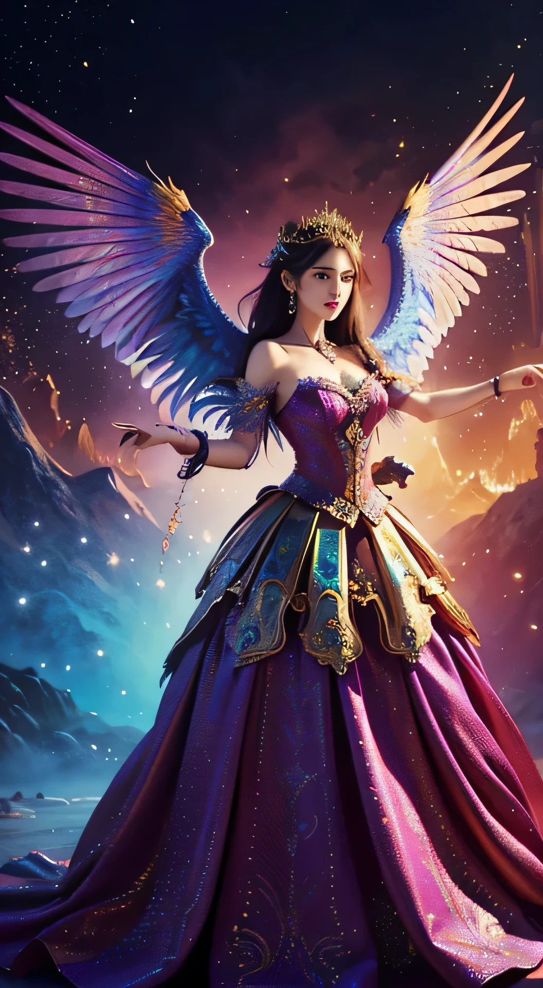 a woman in a colorful dress holding a large bird, 8k high quality detailed art, a beautiful fantasy empress, detailed digital, , 4k highly detailed digital art, detailed fantasy digital art, colorfull digital fantasy art, detailed painting 4 k, 2. 5 d fantasy artwork, fantasy illustration, beautiful digital artwork,FULL HD,16K