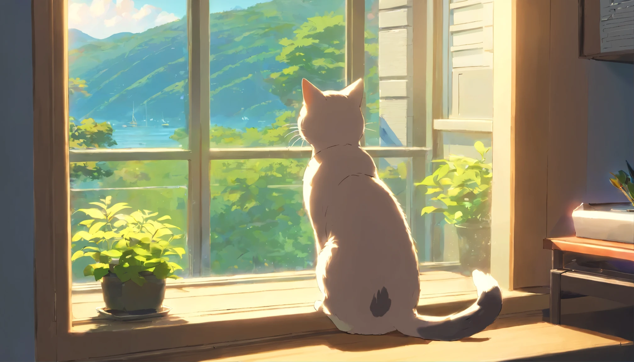 American Shorthair,Cat,Look out through the window,The nature outside is rich,There are some birds flying outside.,Catは横たわって外を眺めている
